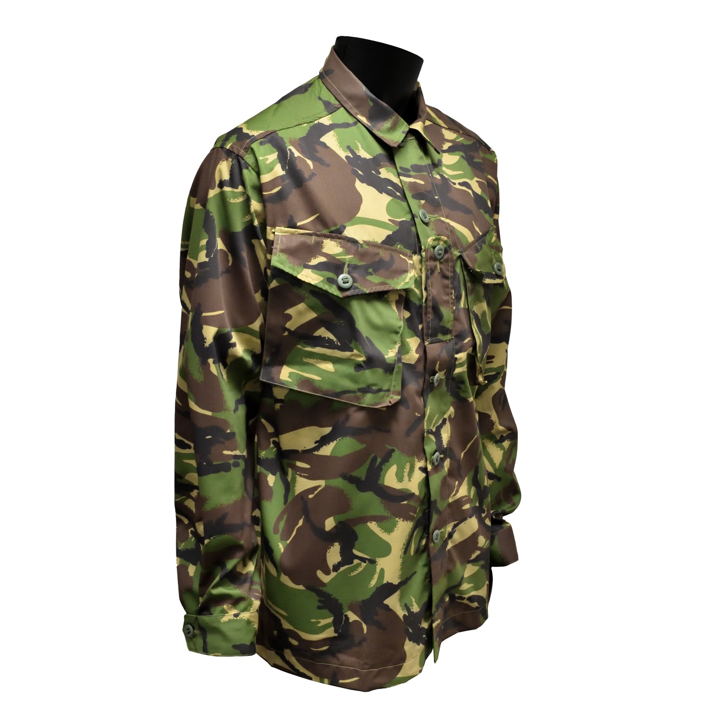 Angled front right view showing collar and chest pockets on British Army DPM Jacket.
