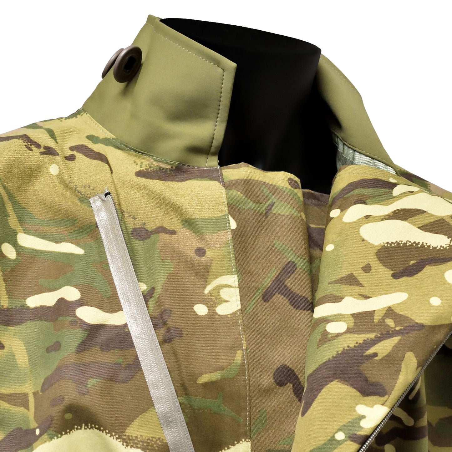 Close-up of chest zippered opening and waterproof seams on MTP Smock.