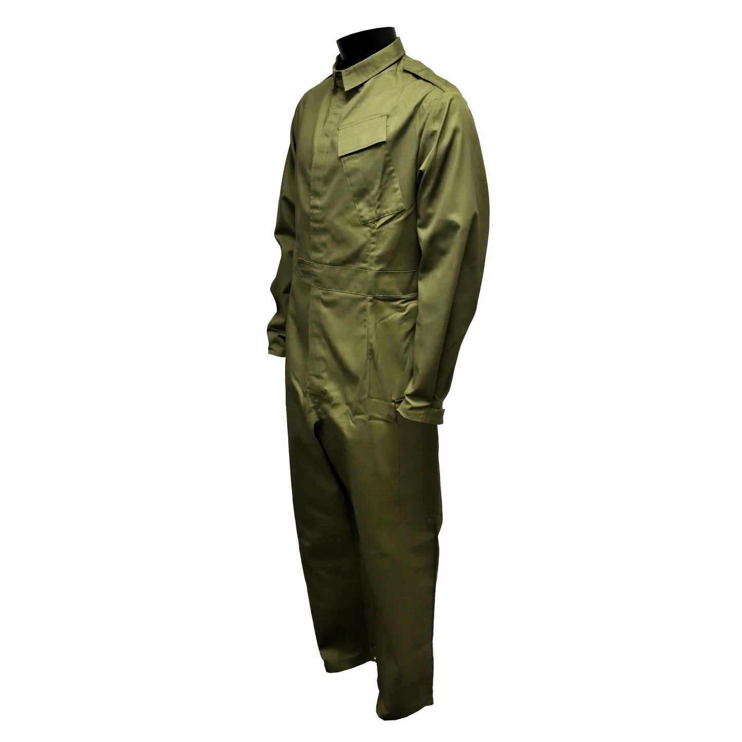 Angled front left view of Mens Olive Coveralls with collar and chest pocket.