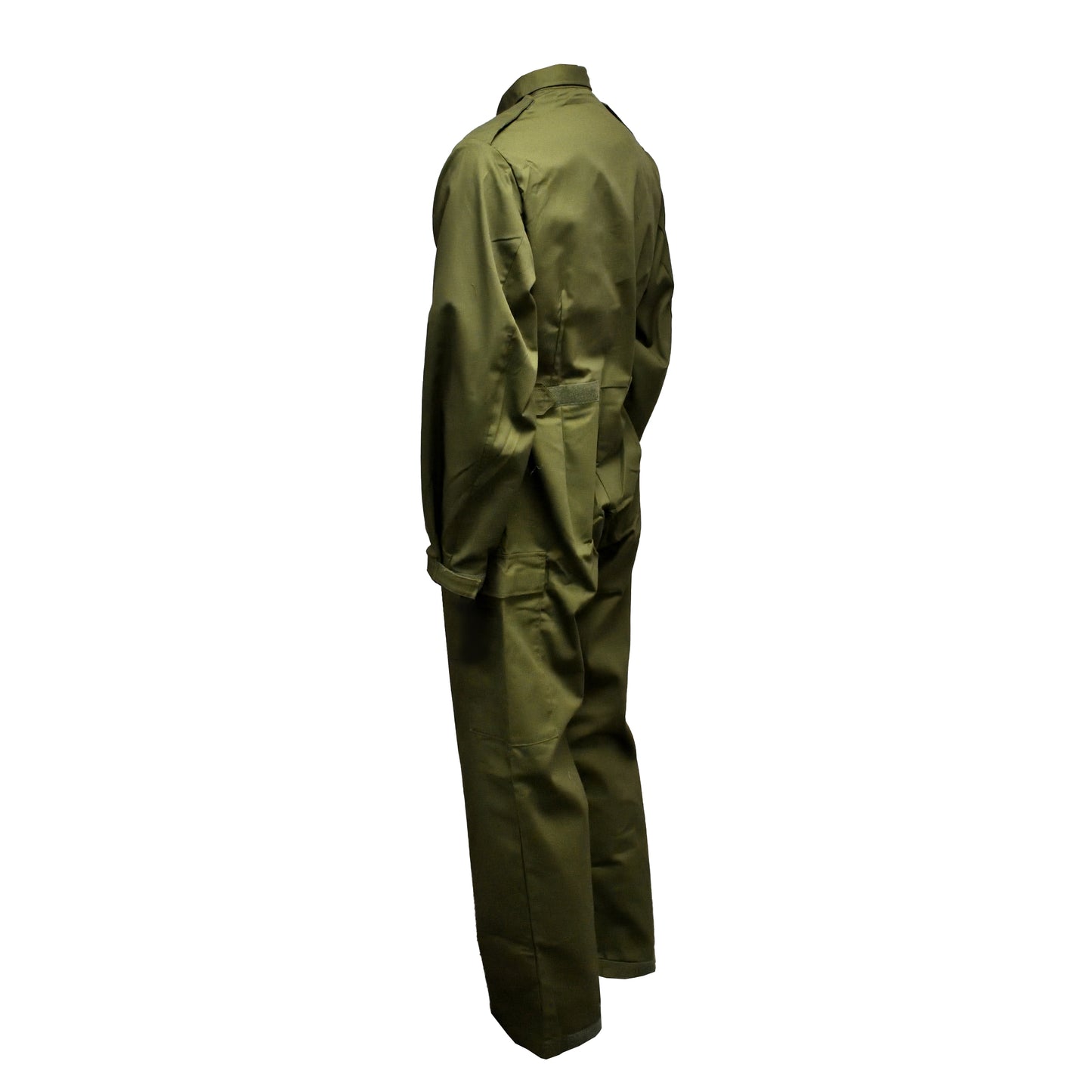 Angled rear left view showing shoulder seams and relaxed fit of Olive Coveralls.