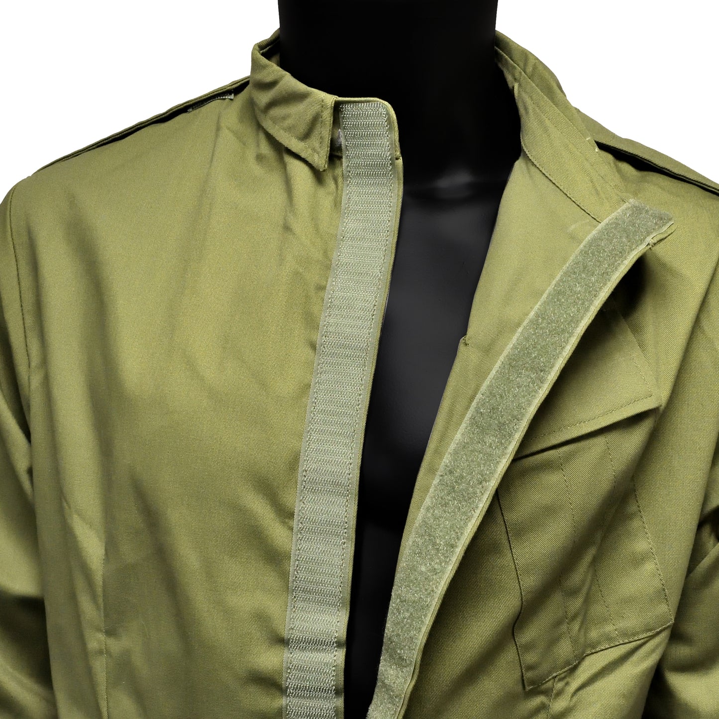 Close-up of chest zip and collar detail on Olive green coveralls.