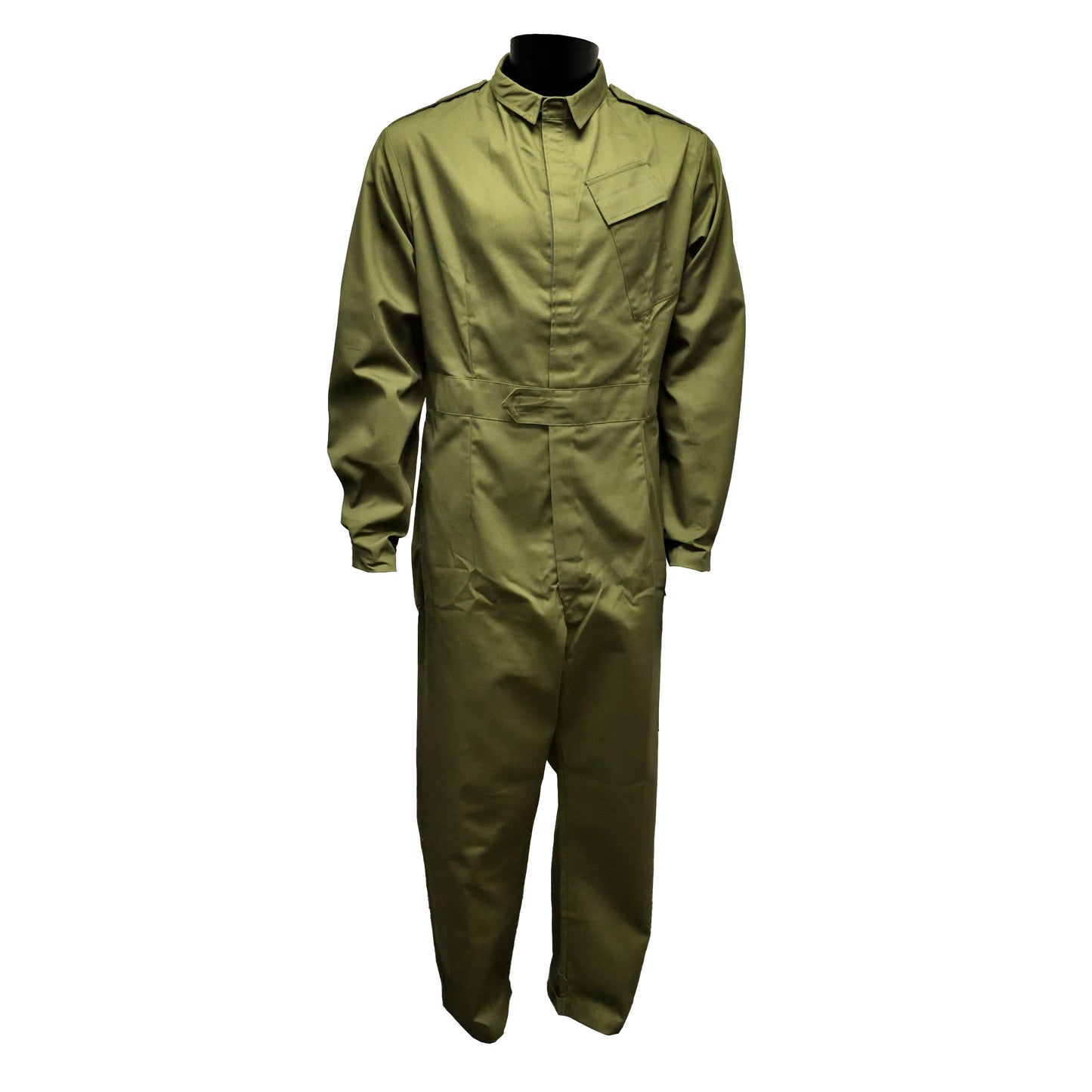 Front view of British Army Mens Coveralls in Olive green with full-length zip.