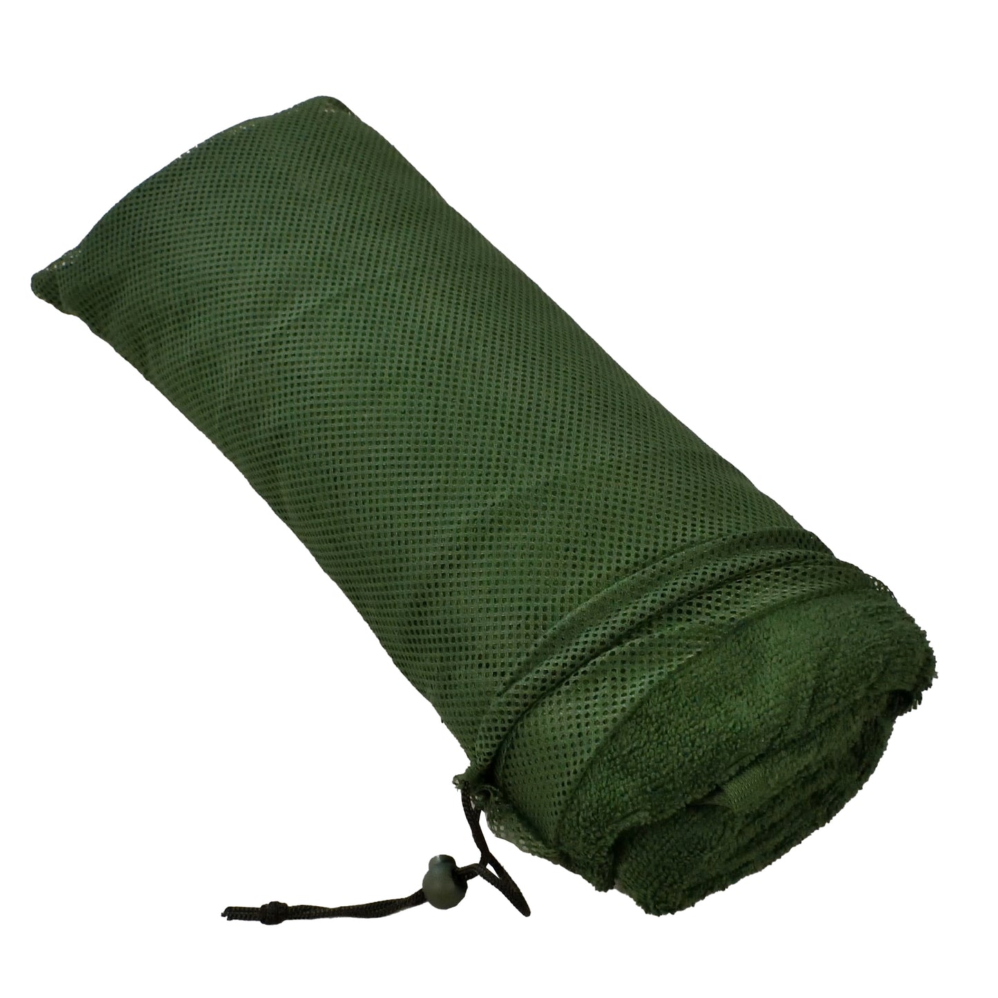 Rolled British Army Micro Fleece Towel inside compact olive stuff sack.