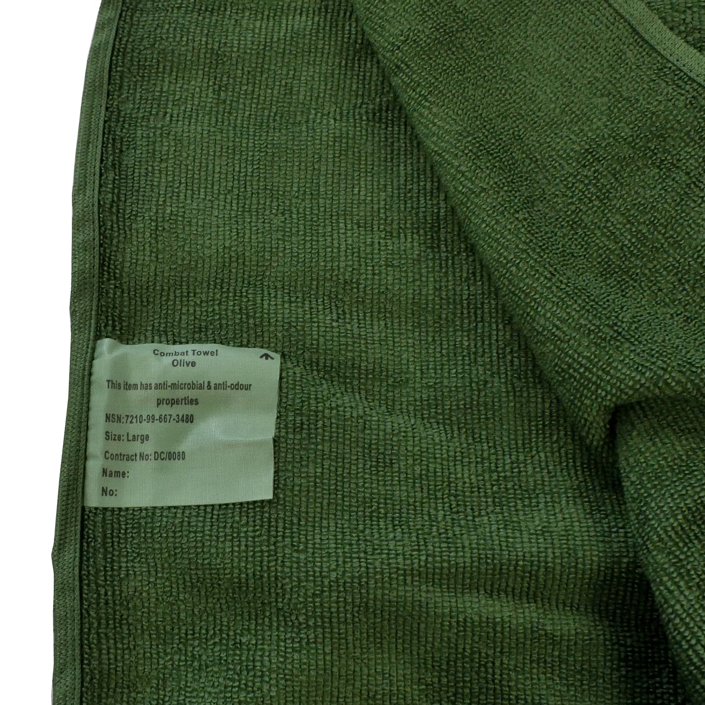 British Army Olive Fleece Towel partially folded with soft texture visible.