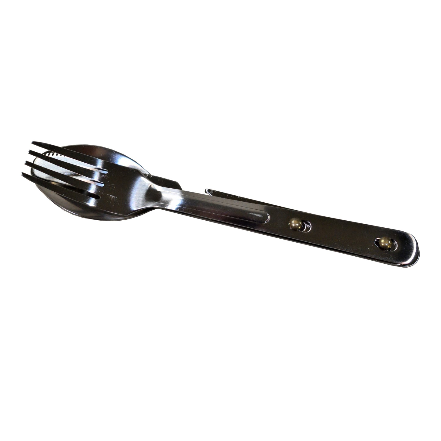 Angled view of British Army 3 Piece Cutlery Set laid within each other.