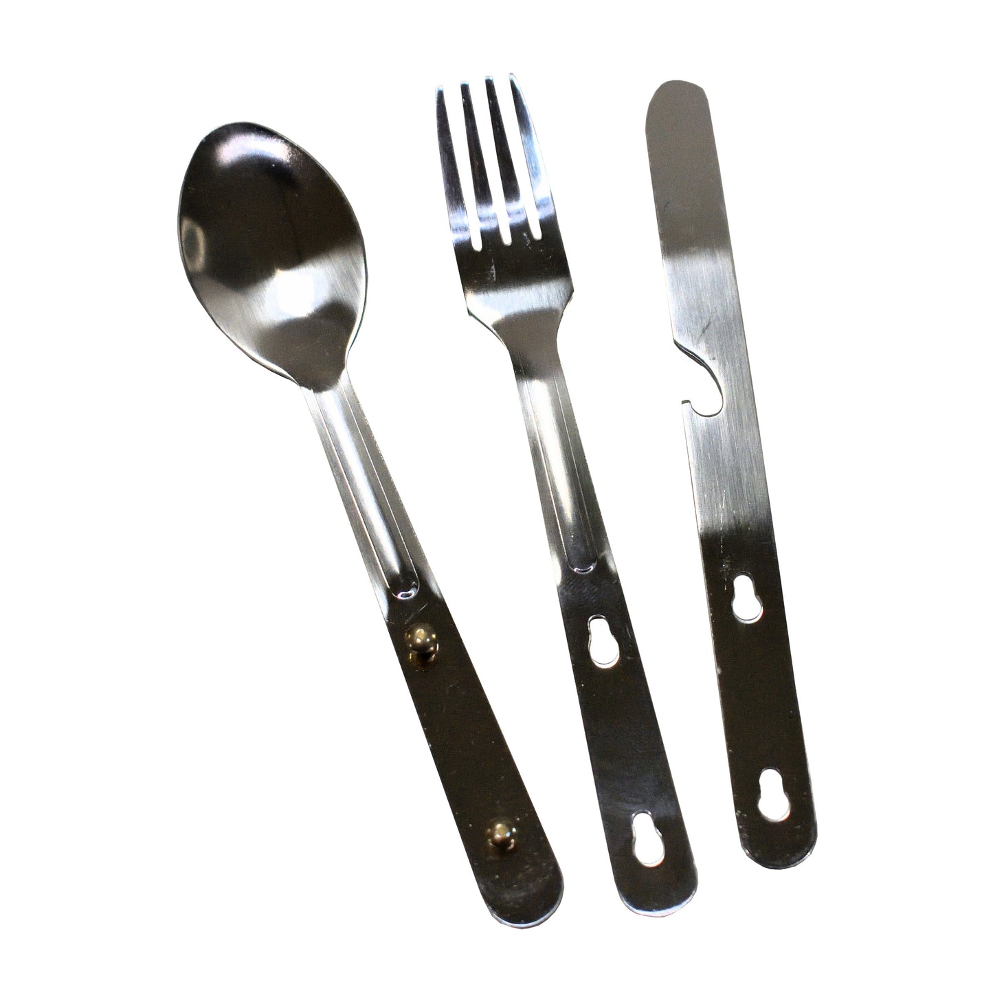 Cutlery laid out of British Army 3 Piece Set pouch showing knife, fork, and spoon.