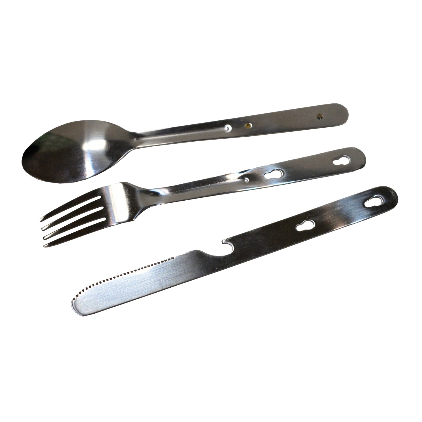 Detailed shot of metal finish on British Army 3 Piece Cutlery Set utensils.