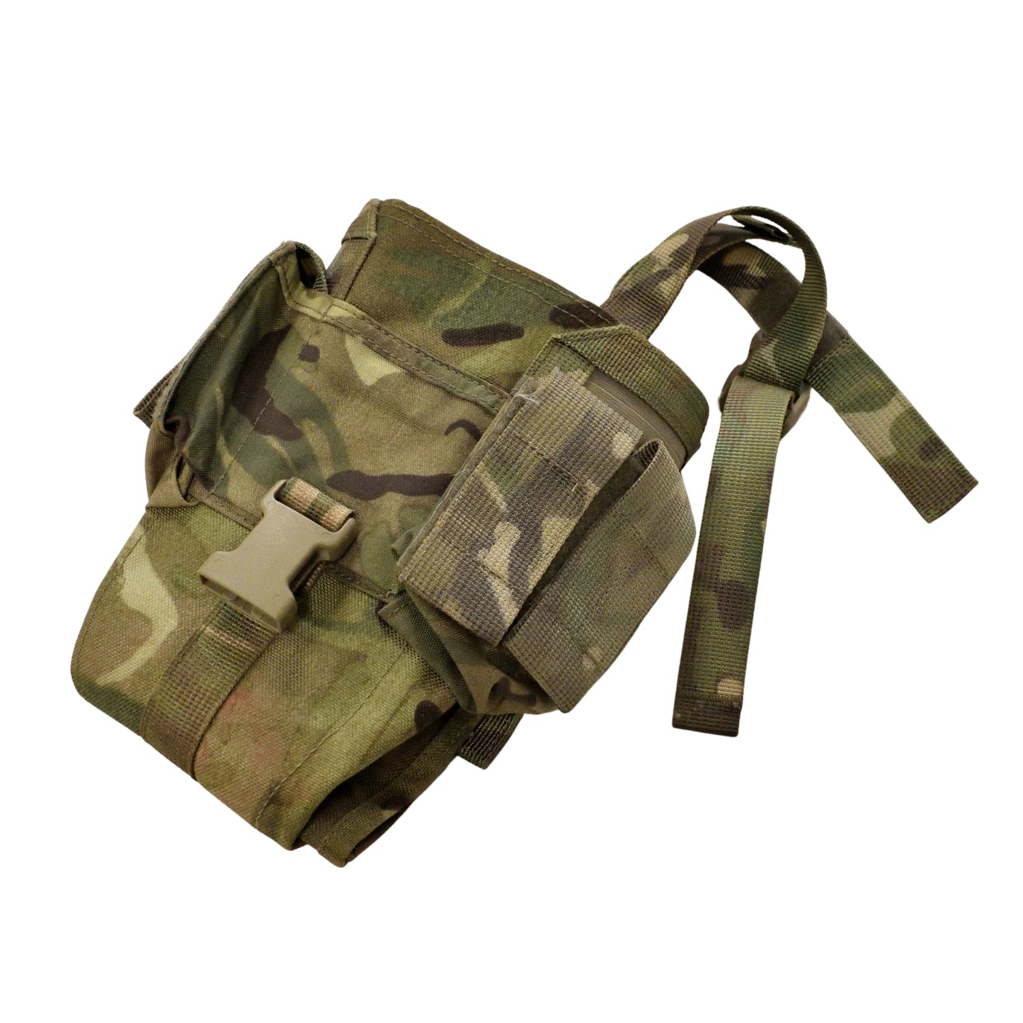 Angled front shot of British Army 354 Radio Pouch MTP showing flap and buckle details.