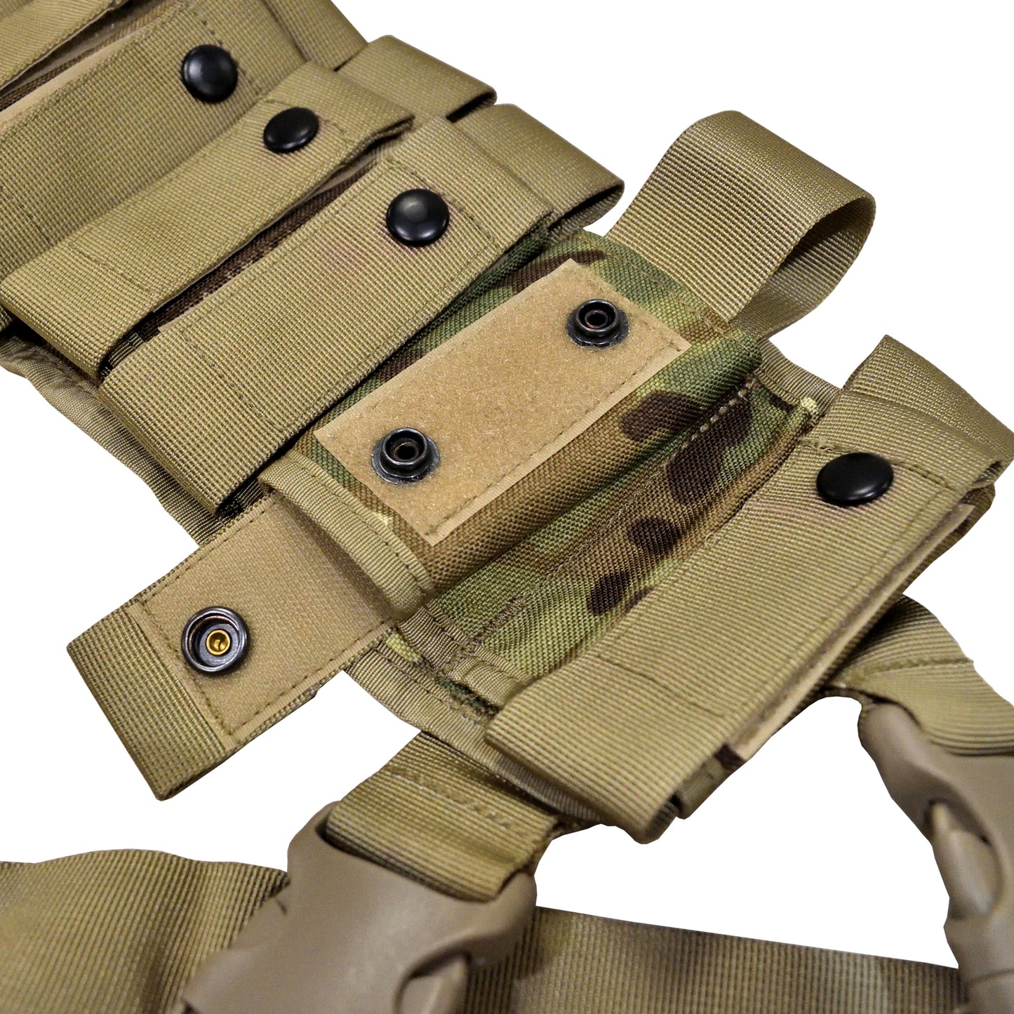 Close-up of pouch closures and fasteners on British Army Multipouch Bandolier Belt MTP.