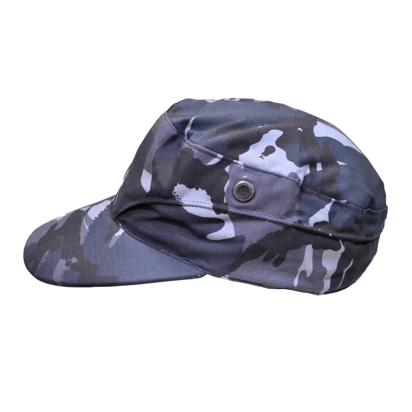 Left side shot of British Army Combat Cap Blue Camo showing visor and crown.