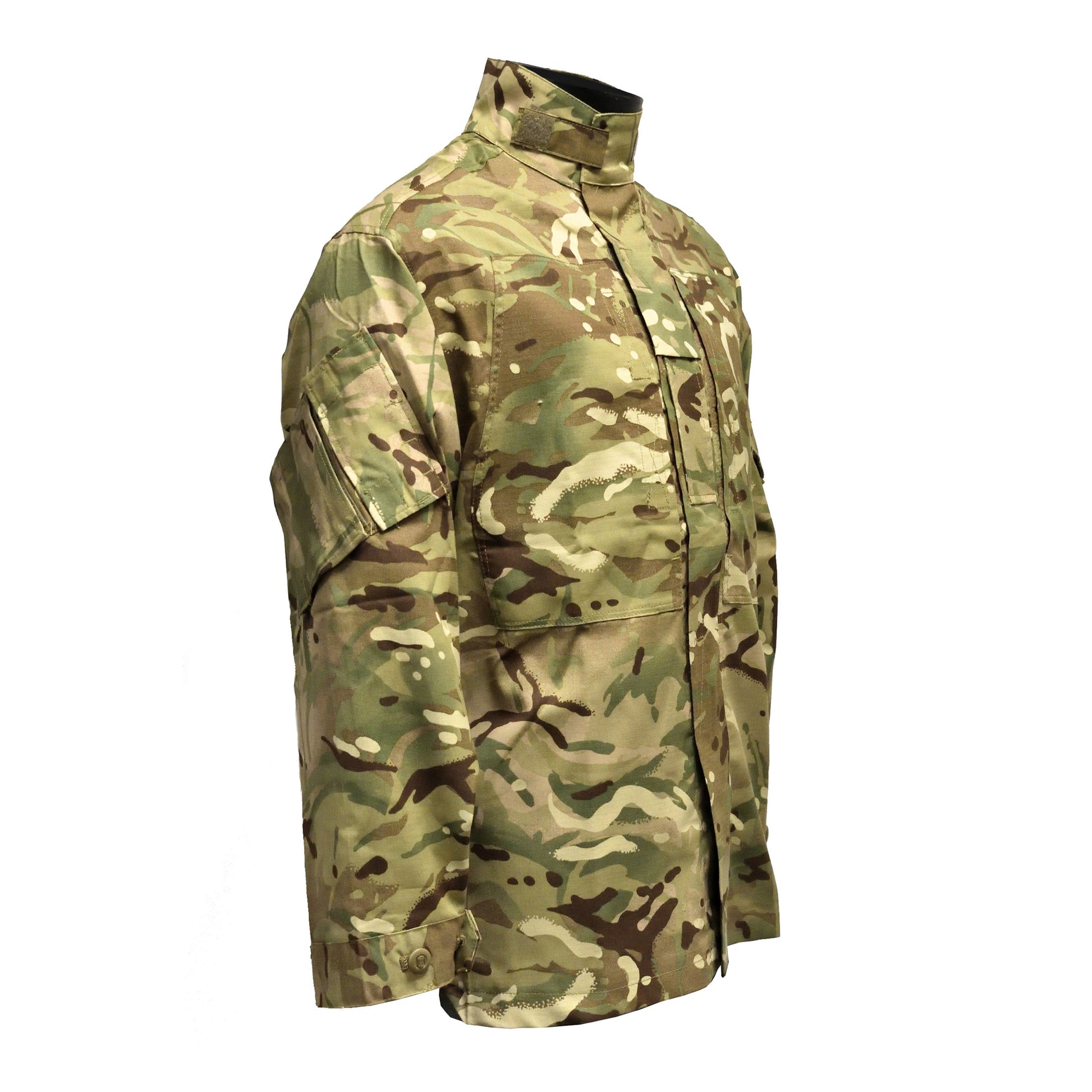 Right-angled front view of British Army Warm Weather Combat Jacket "2" in Multi-Terrain Pattern, lightweight design.