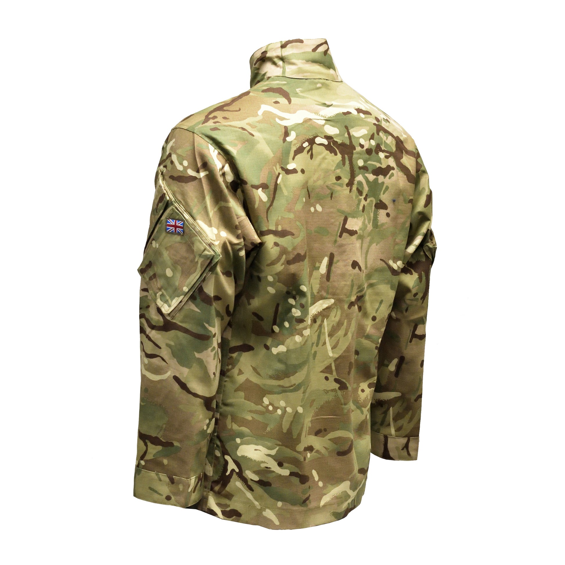 Left-angled rear view of British Army Warm Weather Combat Jacket "2" in MTP, highlighting breathable fabric.