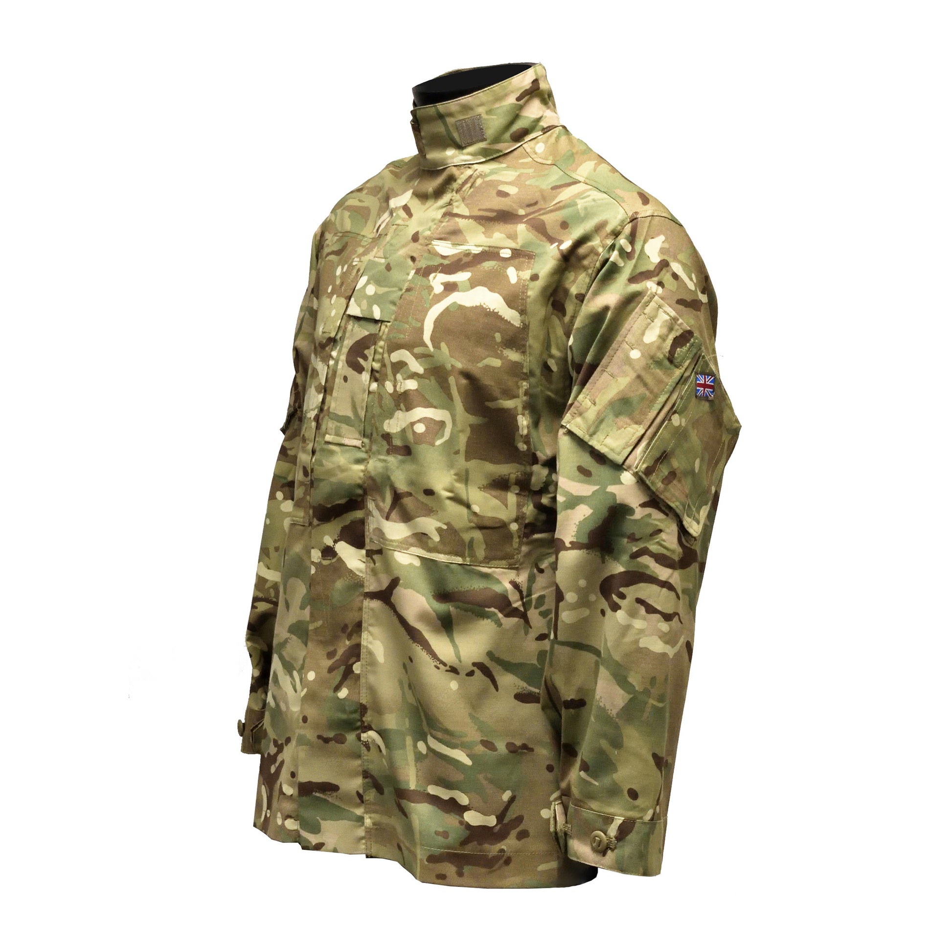 Left-angled front shot of British Army Warm Weather Combat Jacket "2" in MTP camo, showing ventilation details.