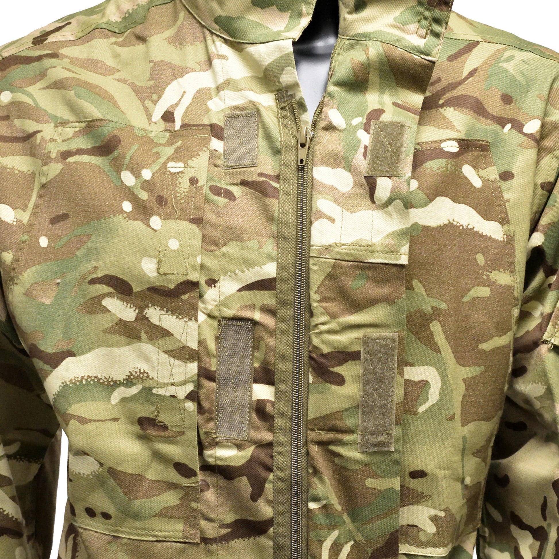 Close-up of zip and pocket details on British Army Warm Weather Combat Jacket "2" in MTP fabric.