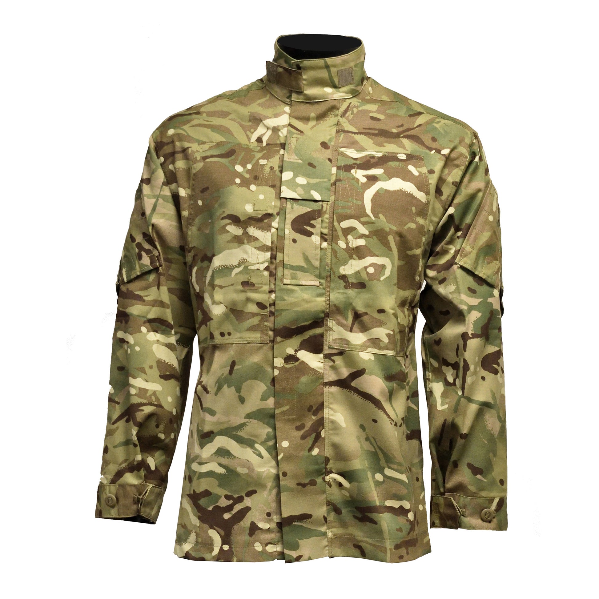 Front view of British Army Warm Weather Combat Jacket "2" in MTP camouflage, designed for hot climates.