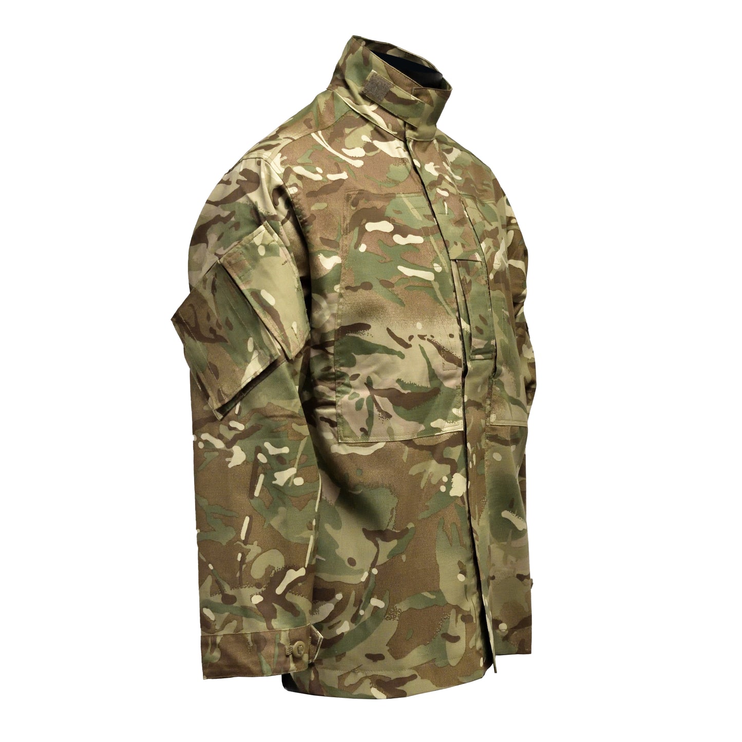 Right-angled front view of British Army Insect Repellent Jacket in Multi-Terrain Pattern, built for tough outdoor wear.