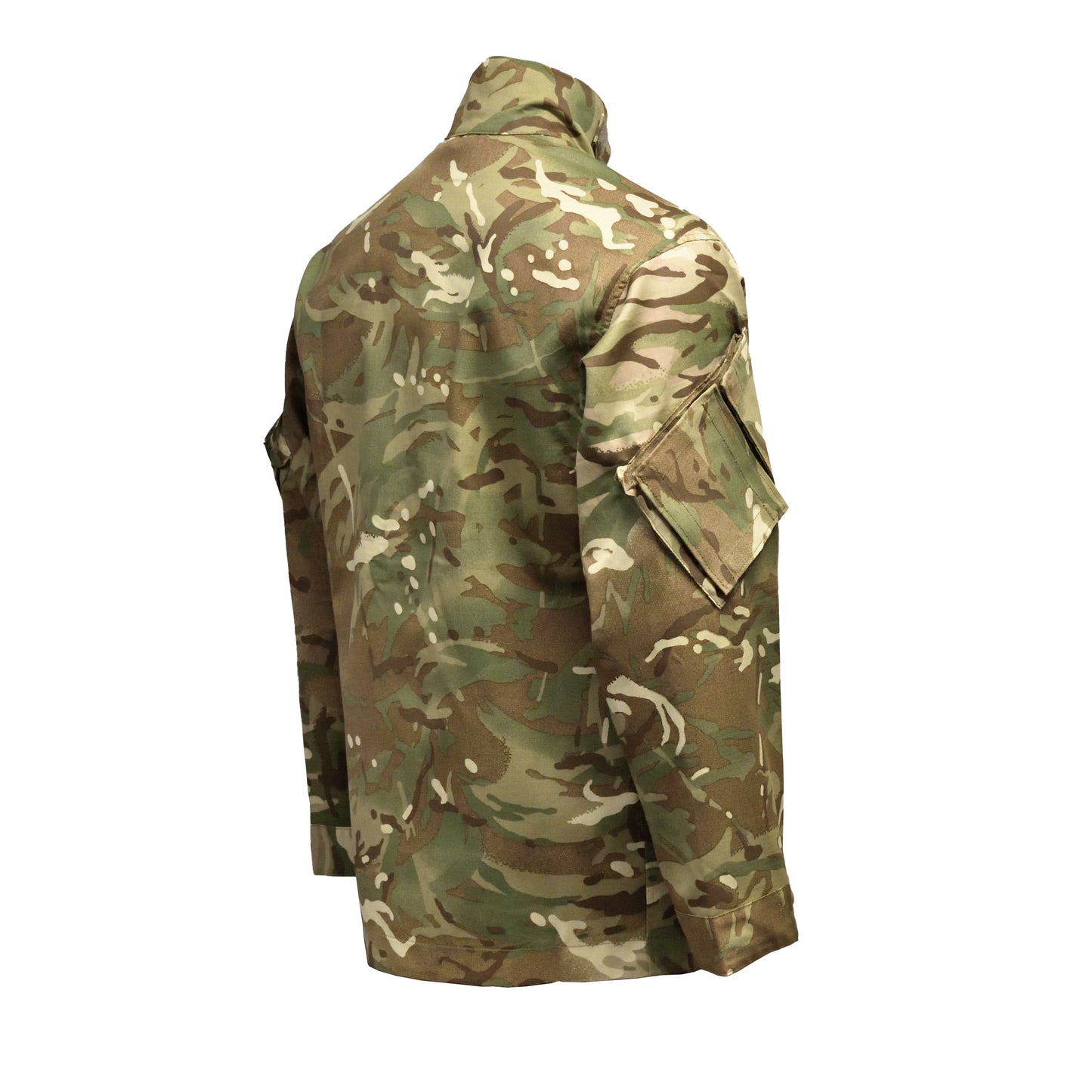 Right-angled rear shot of British Army Insect Repellent Combat Jacket in MTP camo, made for rugged environments.