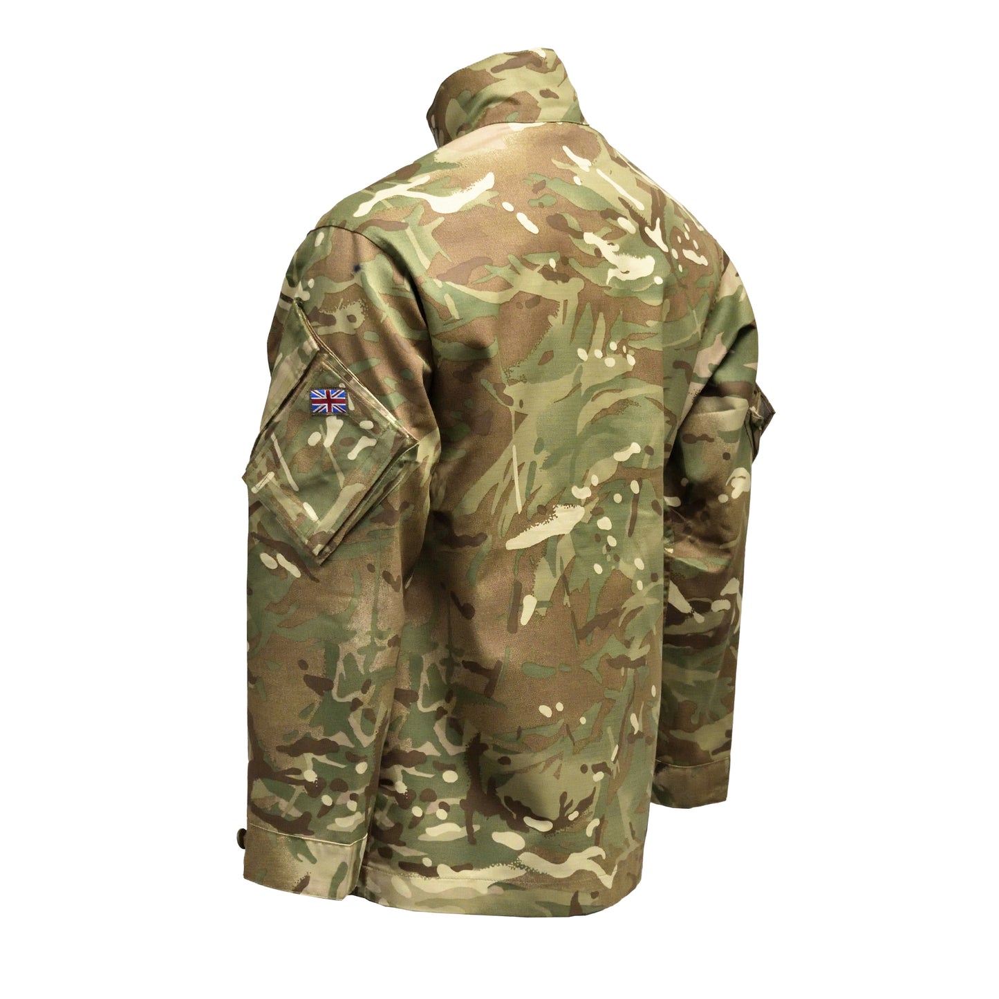 Left-angled rear view of British Army MTP Combat Jacket, showing treated fabric and shoulder detail.