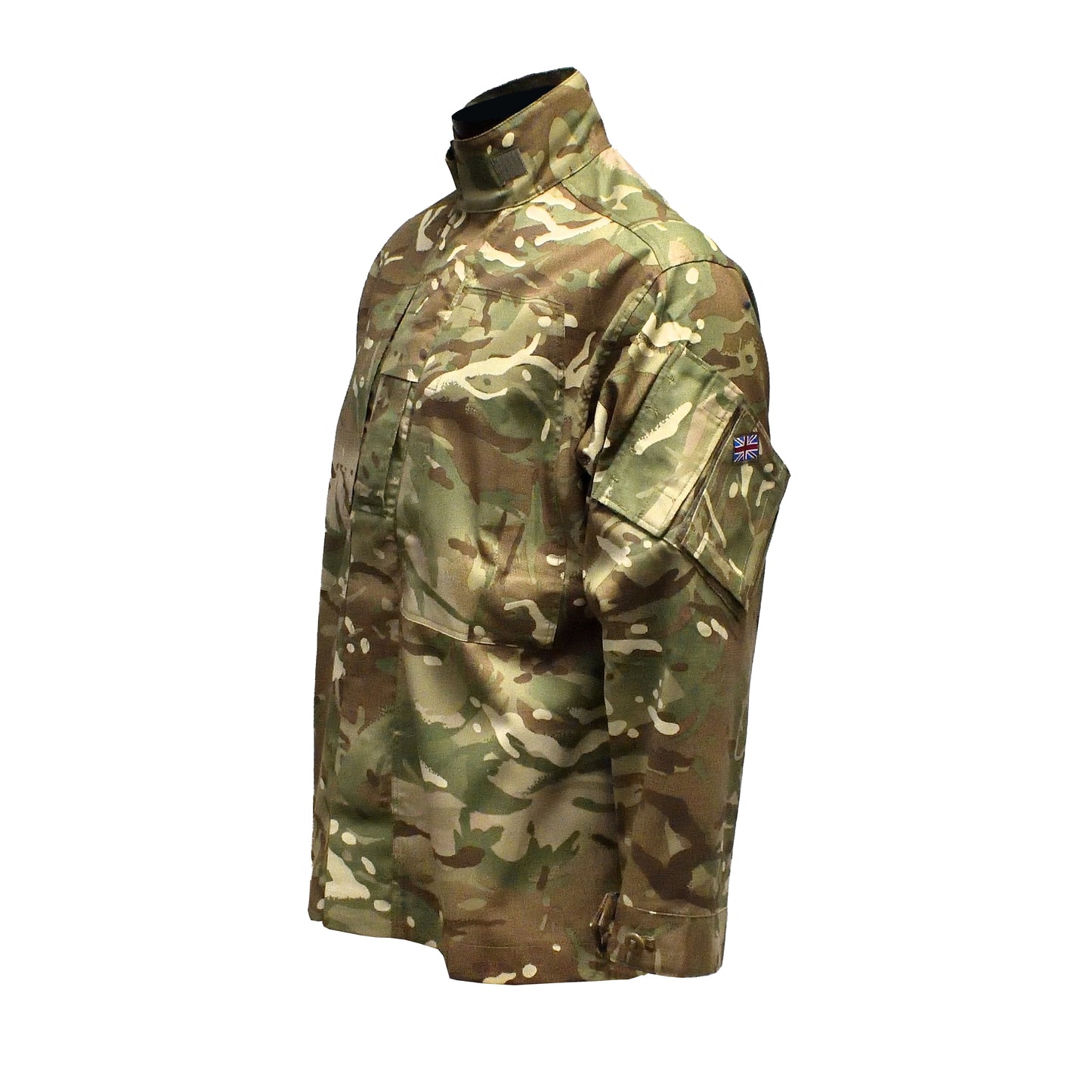 Left-angled front shot of British Army Combat Jacket in MTP camo with insect-repellent treatment.