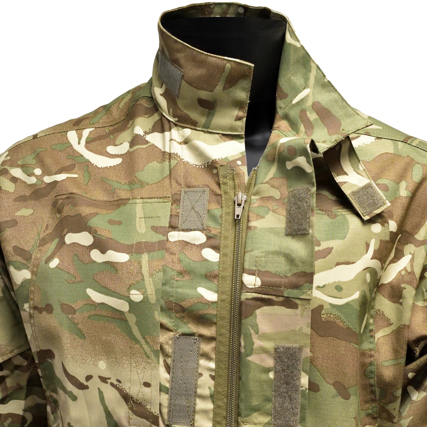 Close-up of front zip and pocket flap on British Army Insect Repellent Jacket in MTP pattern.