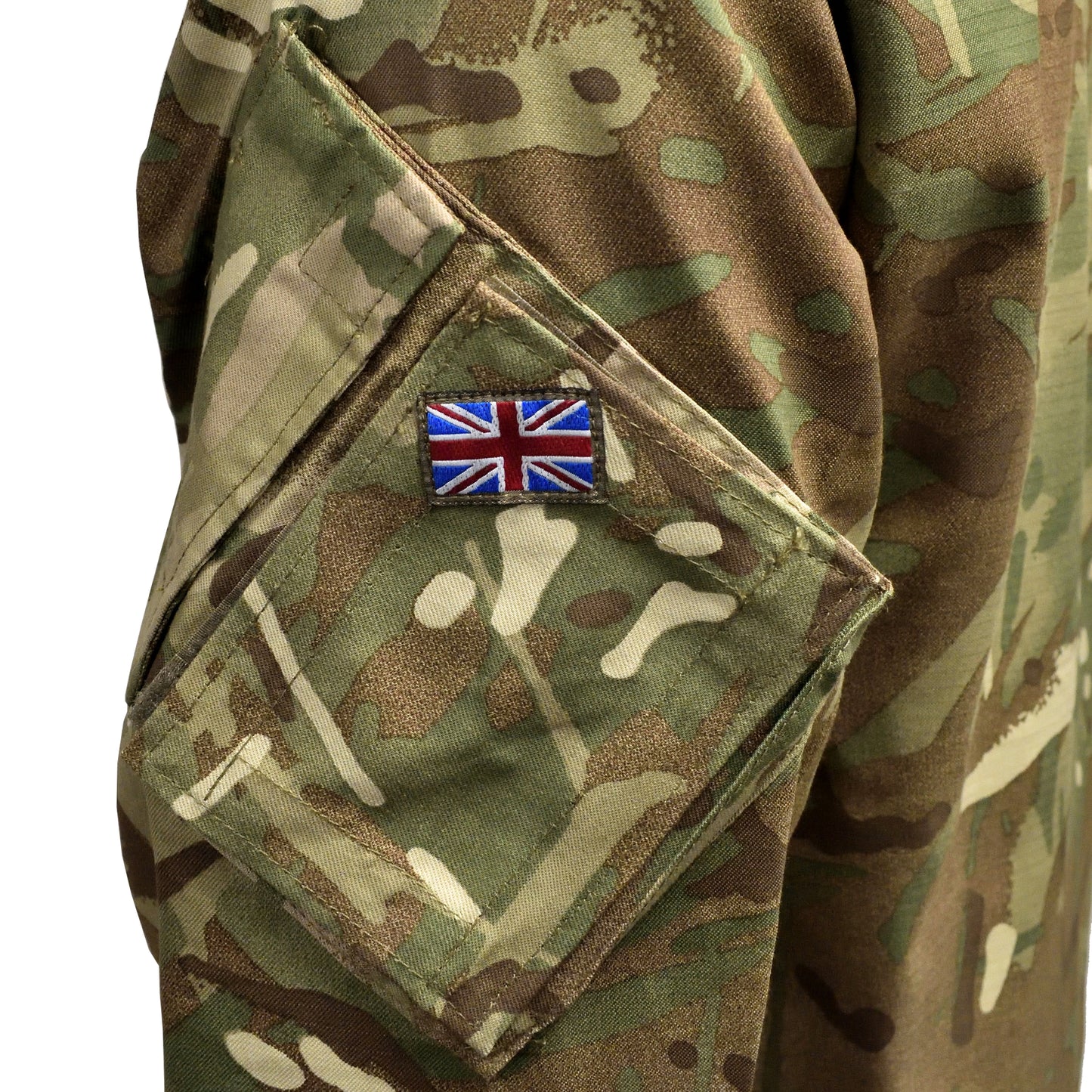 Macro image of Union Jack badge stitched on British Army Insect Repellent Combat Jacket in MTP camouflage.