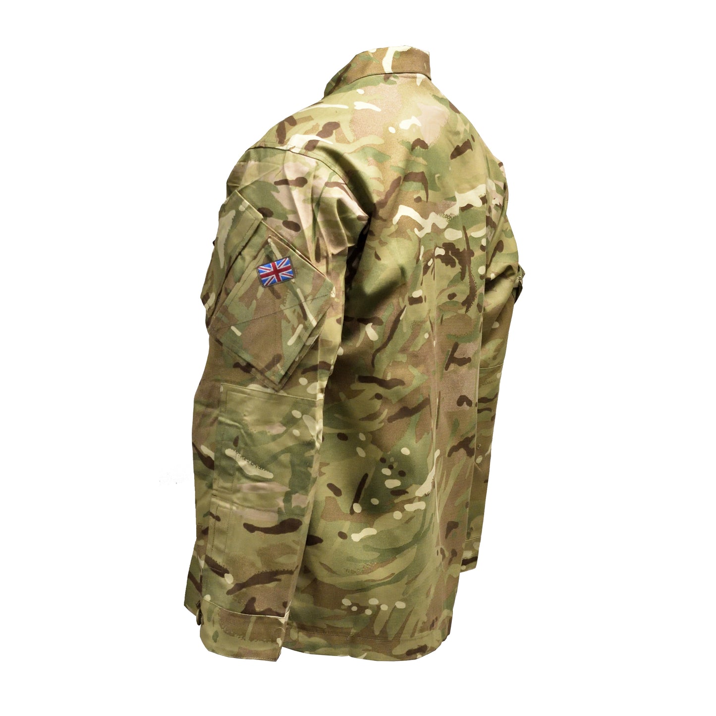 Left-angled rear view of British Army Warm Weather Combat Jacket MTP showing back panel and vents.