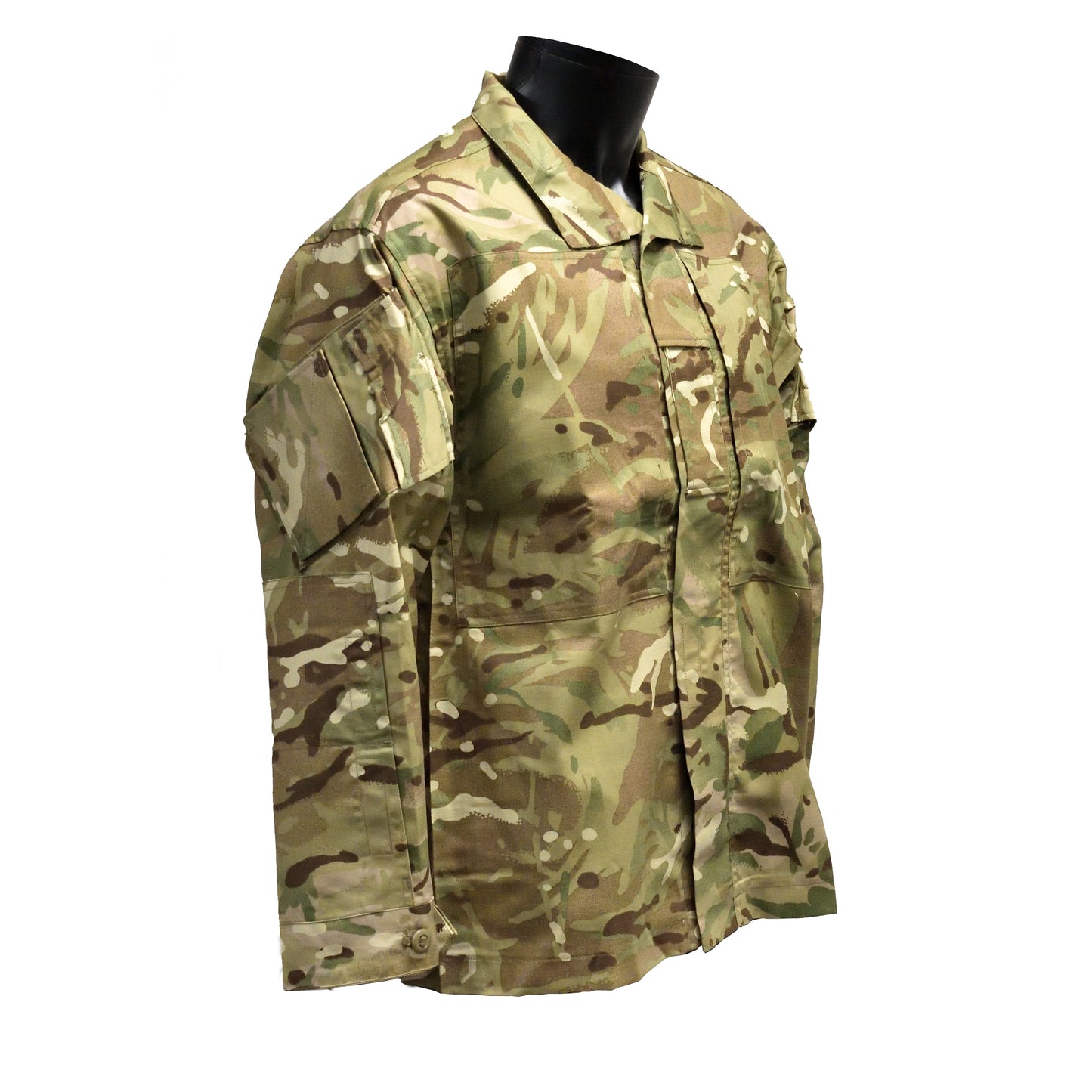 Right-angled front view of British Army Warm Weather Combat Jacket MTP highlighting fit and features.