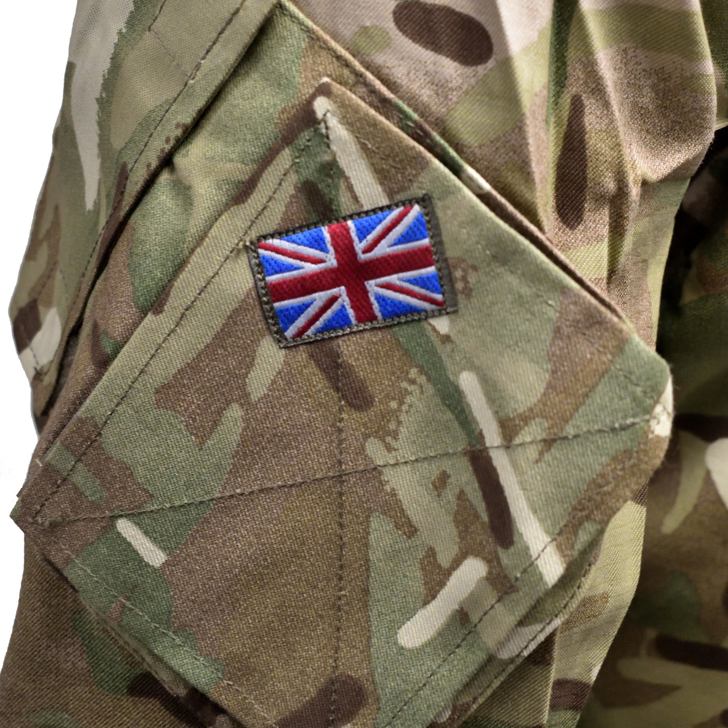 Close-up of Union Jack flag patch stitched on British Army Warm Weather Combat Jacket MTP.
