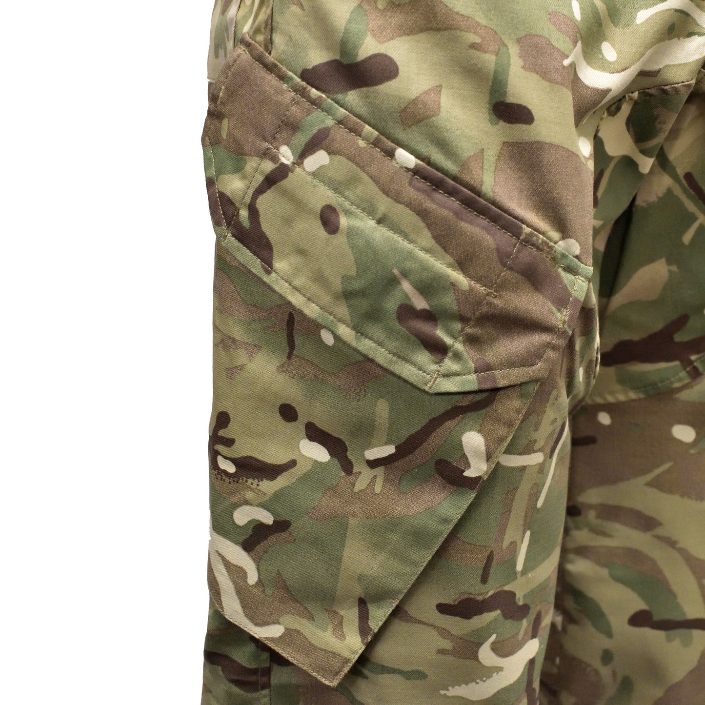 Close-up of thigh cargo pocket and reinforced stitching on British Army MTP Insect Repellent Combat Trousers.
