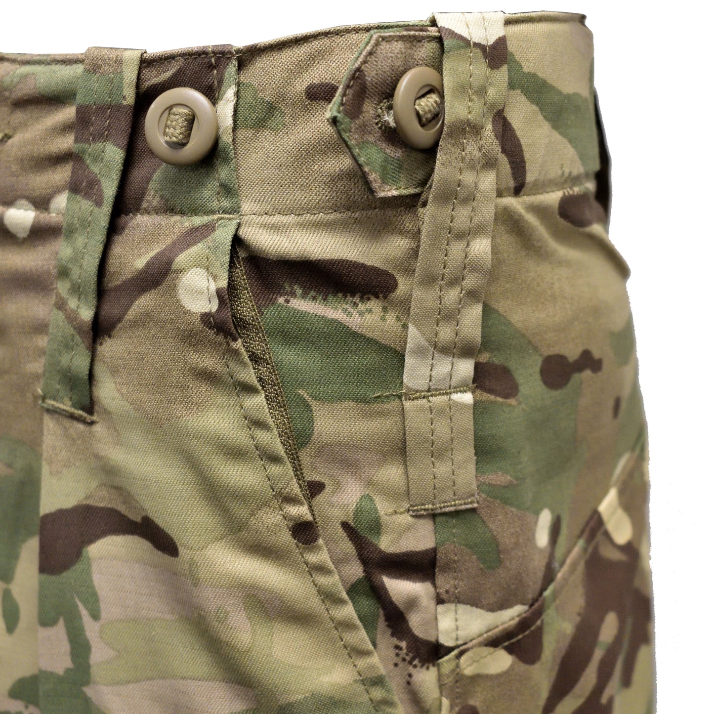 Detail shot of waistband and belt loops on British Army Insect Repellent Treated Combat Trousers in camo.