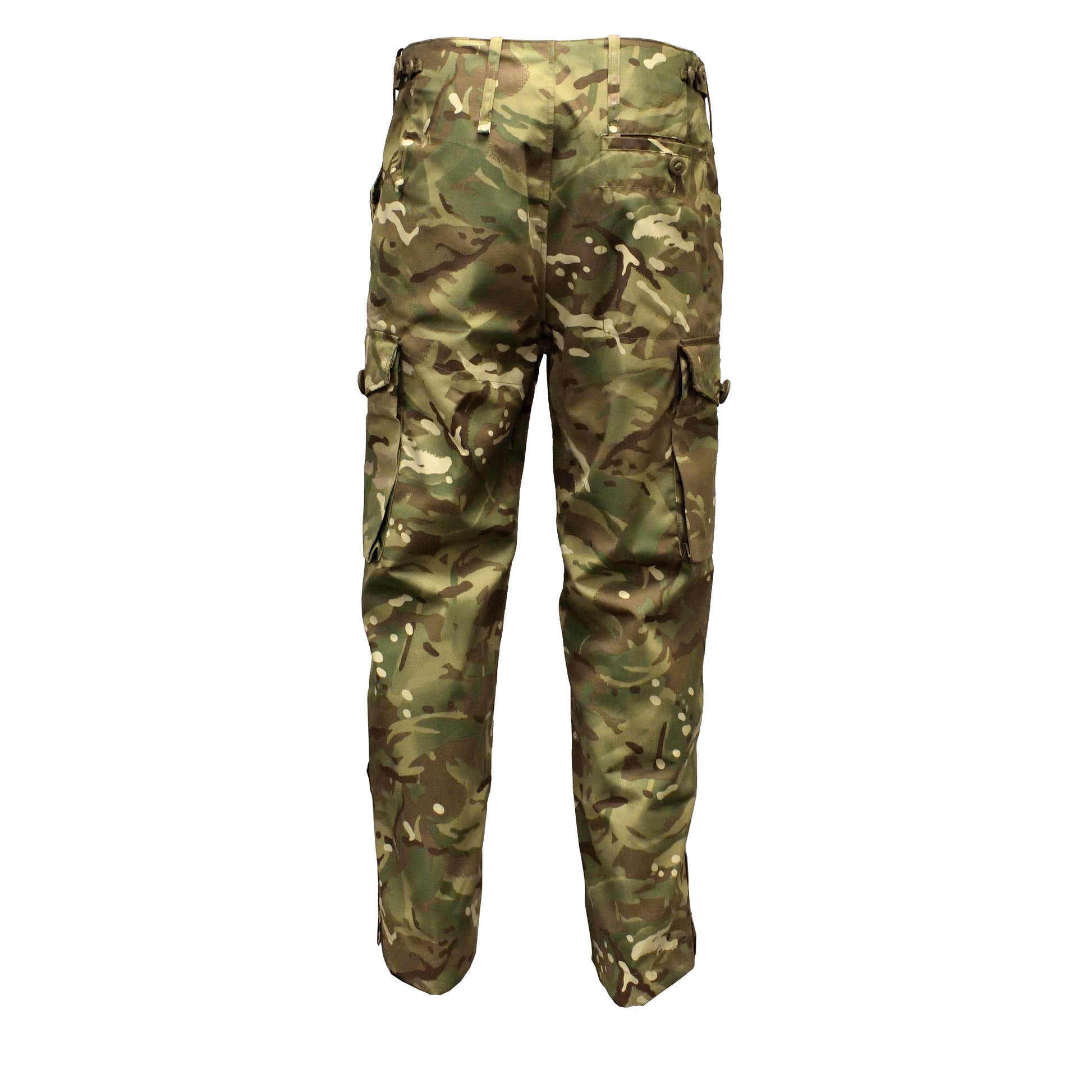 Rear view of British Army Windproof Combat Trousers MTP showing full length and cut.