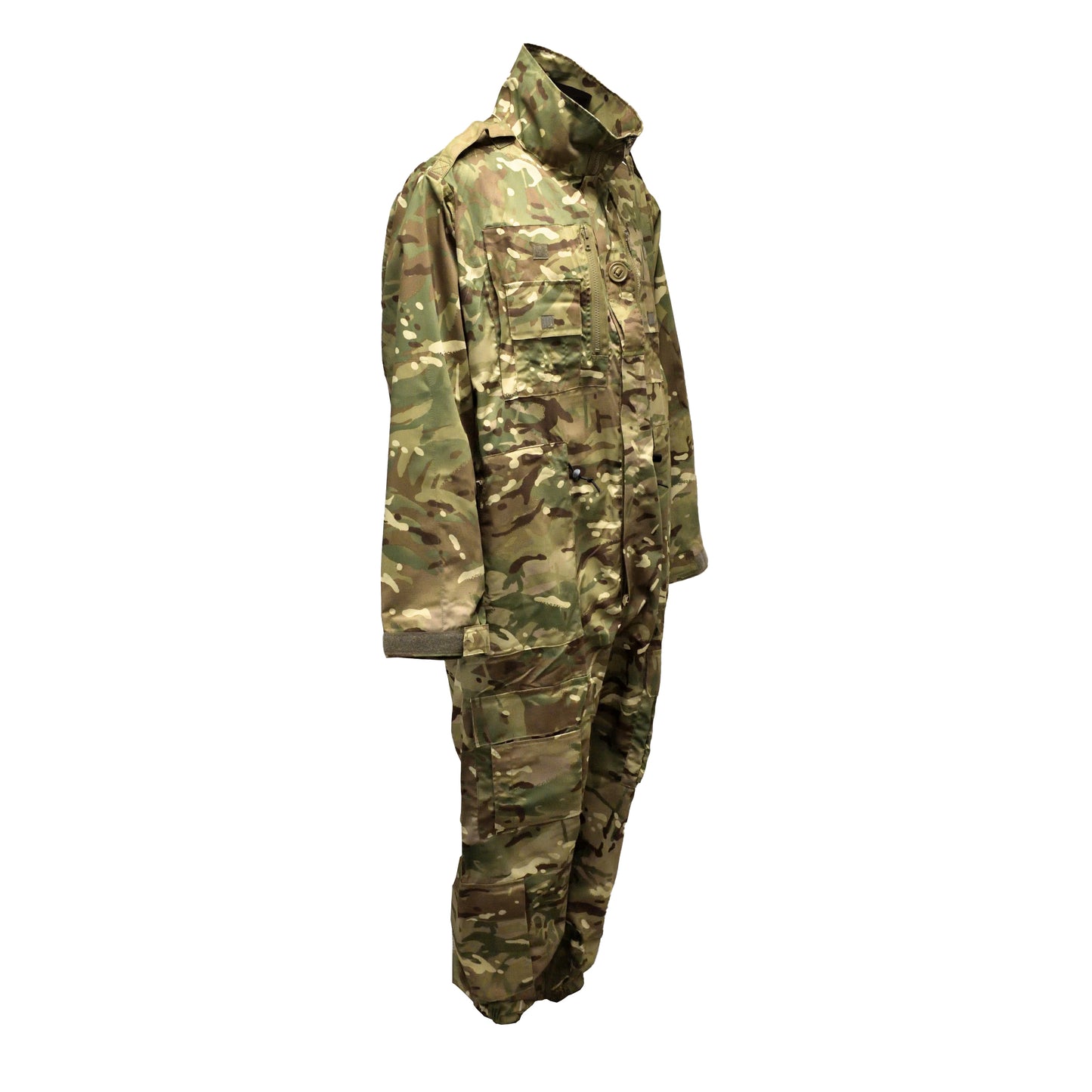 Right-angled front view of British Army AFV Crewman Exercise Coverall MTP highlighting fit and design.