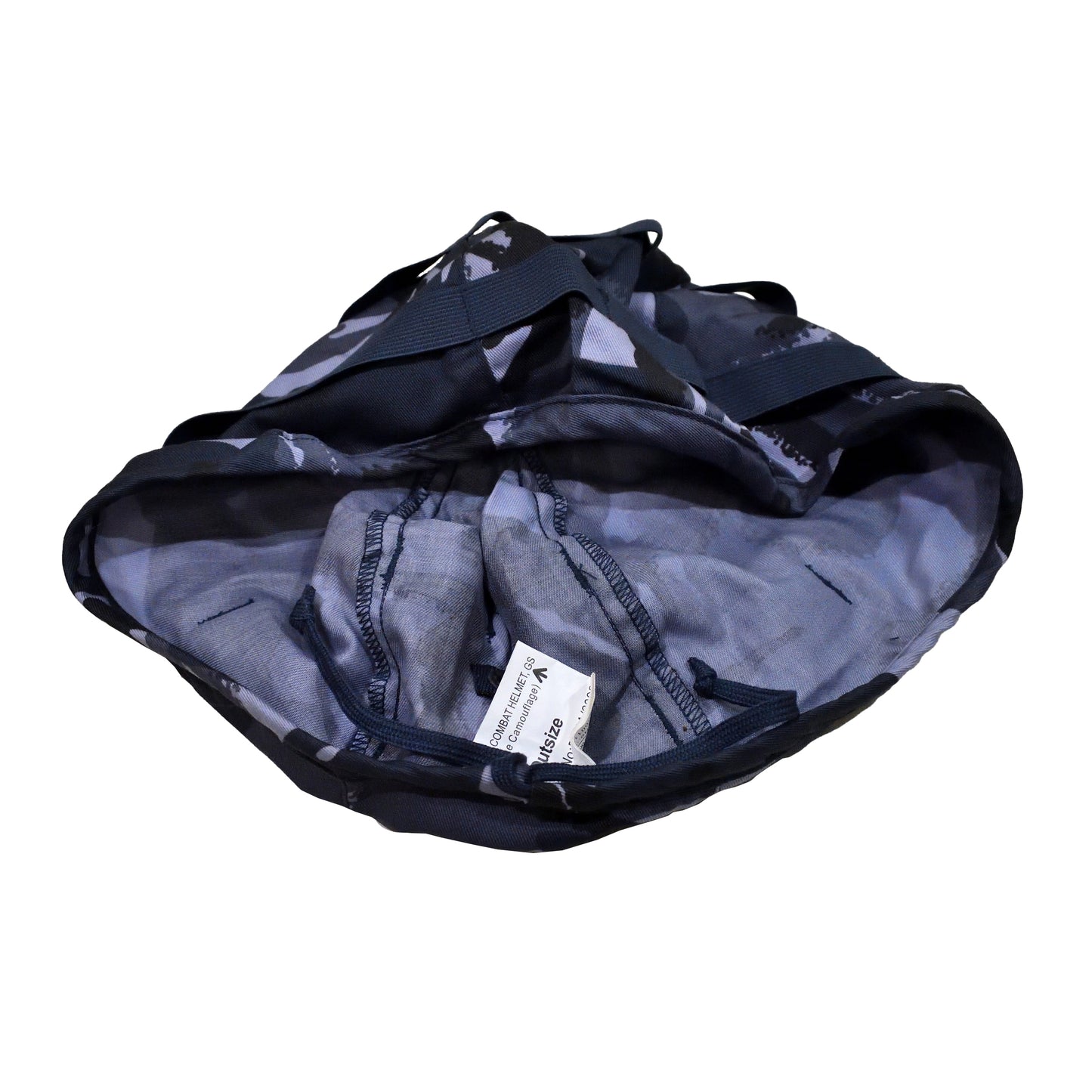Top-down view of British Army GS MK7 Helmet Cover Blue Camo with reinforced seams.