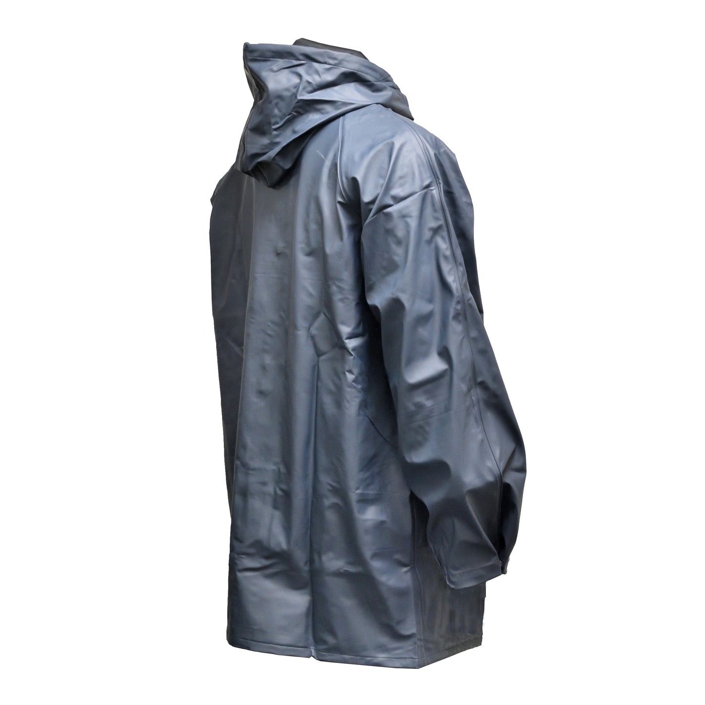 Right-angled rear view of Hydra Flex Waterproof Jacket Navy highlighting seam structure.