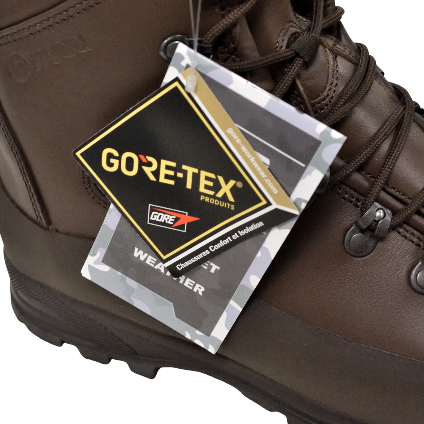 Close-up of stitching and laces on Iturri Mens Cold Wet Weather Boots Brown.