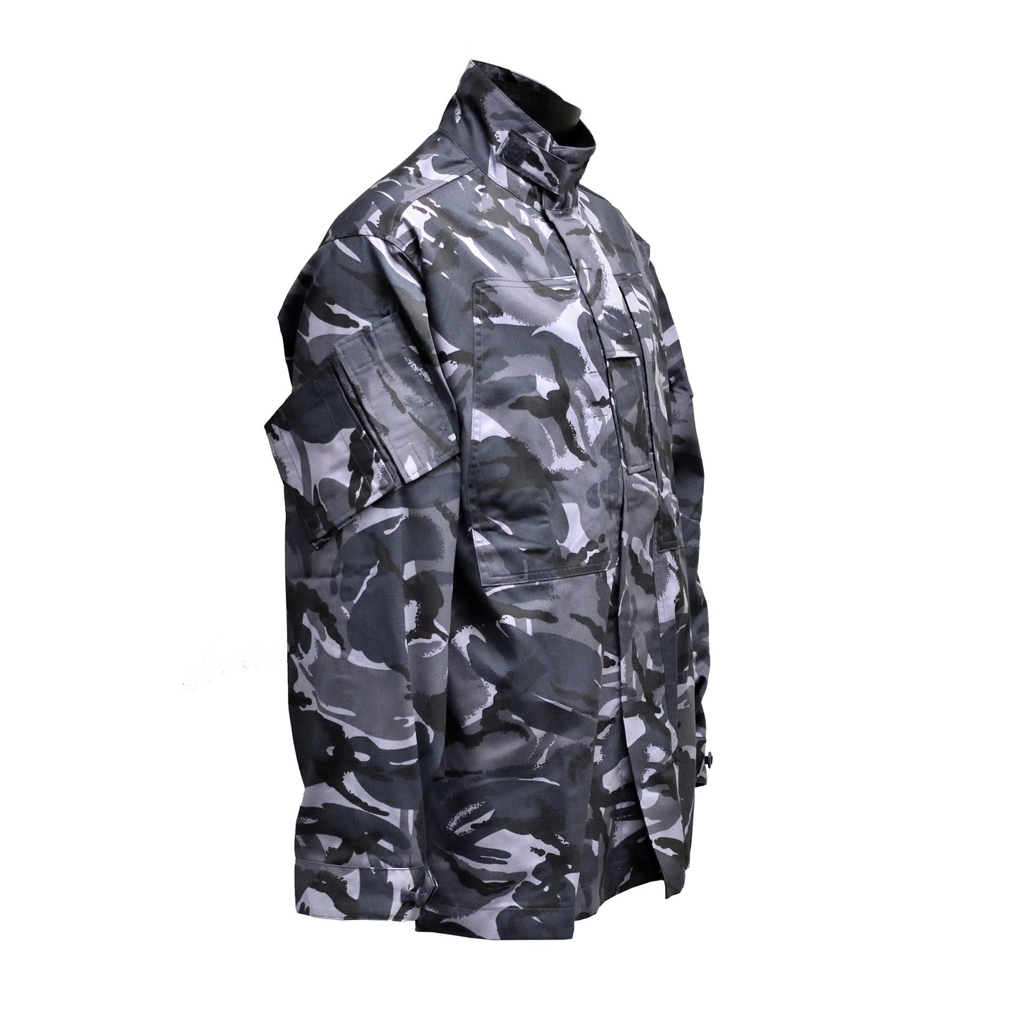 Right-angled front view of British Army Temperate Combat Jacket "2" Blue Camo with zip and button details.