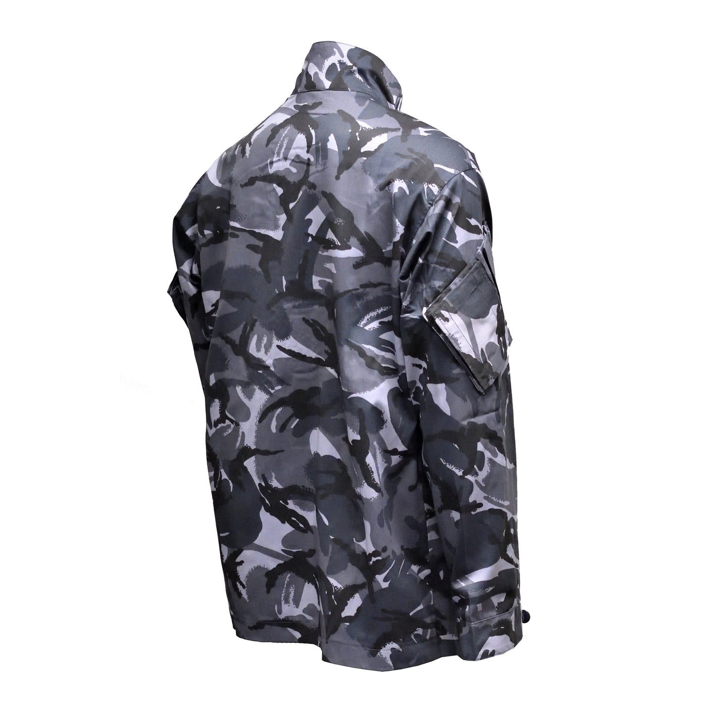 Right-angled rear shot of British Army Combat Jacket "2" Blue Camo highlighting shoulder cut.