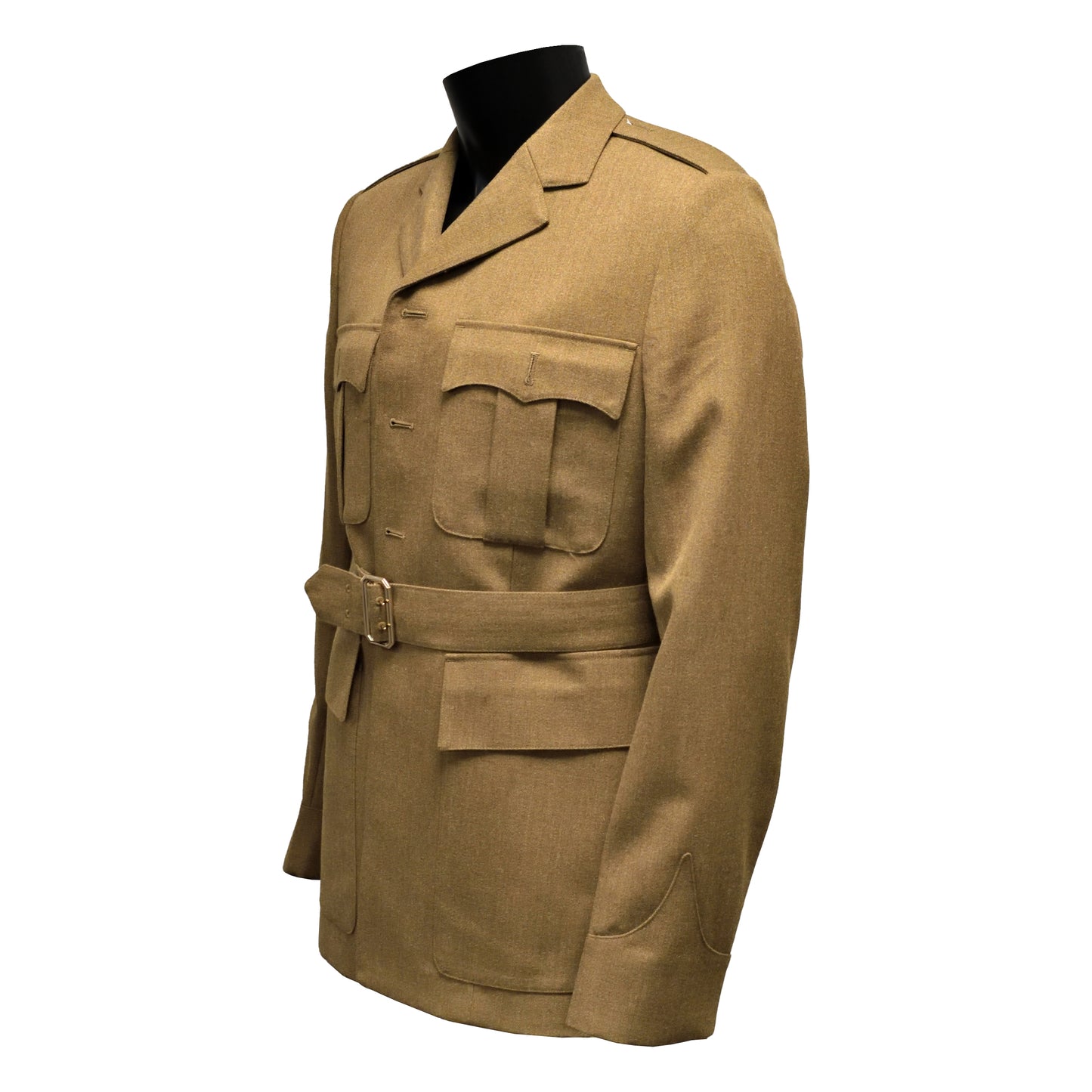 Angled front left view of Mens No.2 Dress Jacket highlighting belt and shoulder seams.