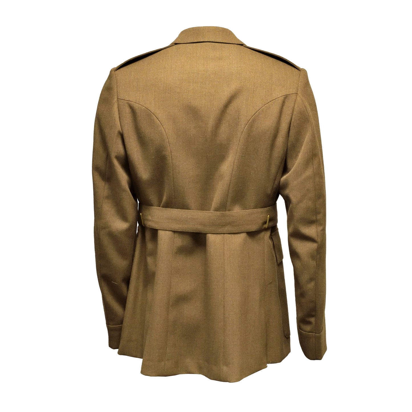 Rear view of British Army No.2 Dress Jacket with belt and cover, without buttons.