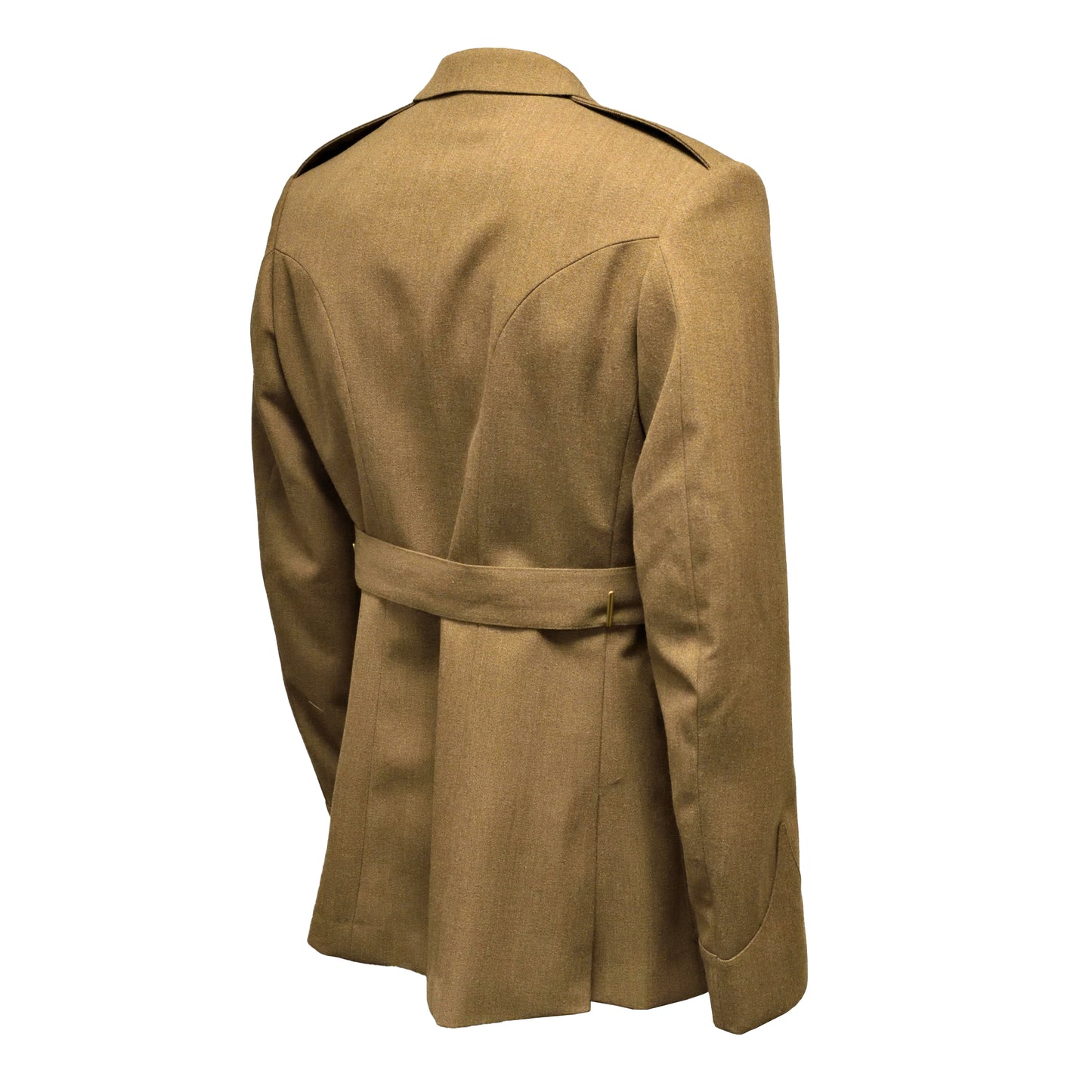 Angled rear right view of British Army No.2 Dress Jacket with belt and cover.
