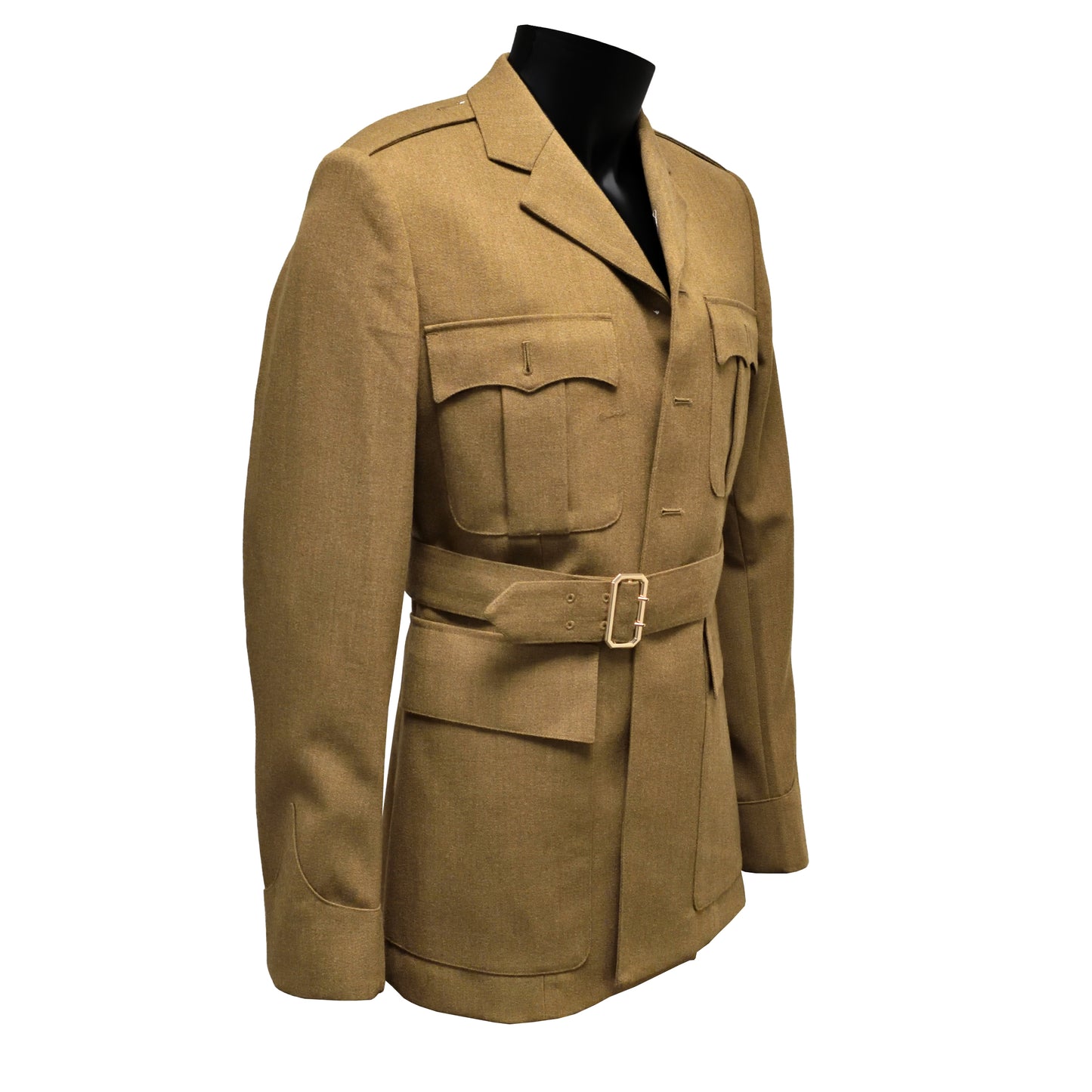 Angled front right view of British Army Dress Jacket with cover and belt.