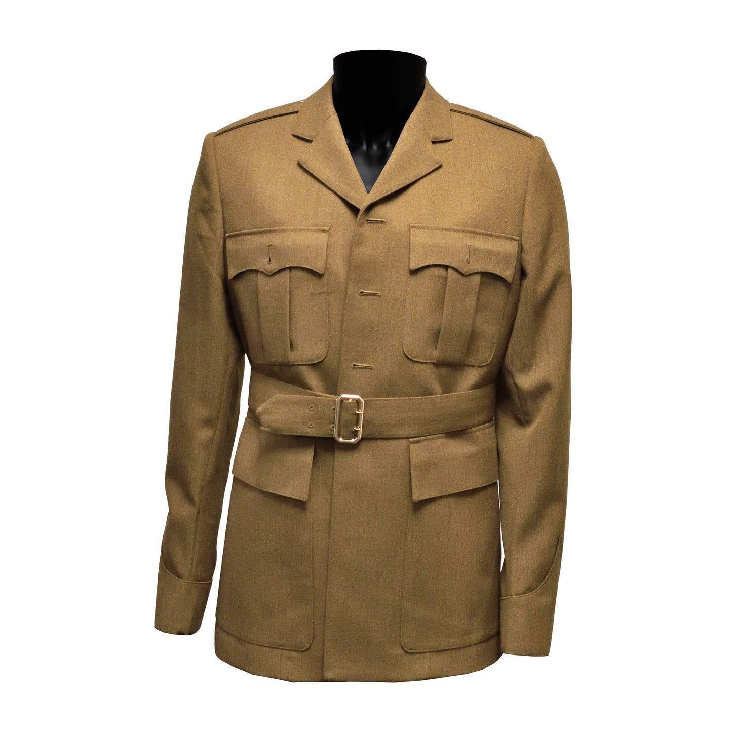 Front view of British Army Mens No.2 Dress Jacket with belt and cover, buttons not included.