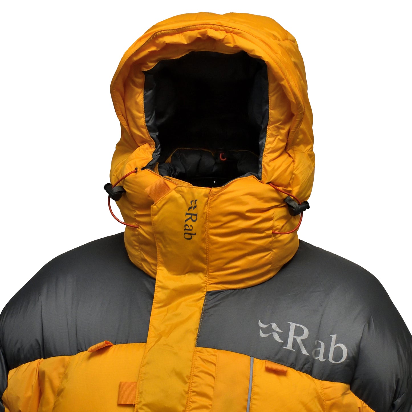 Close-up of collar and hood on Gold & Shark Grey jacket.