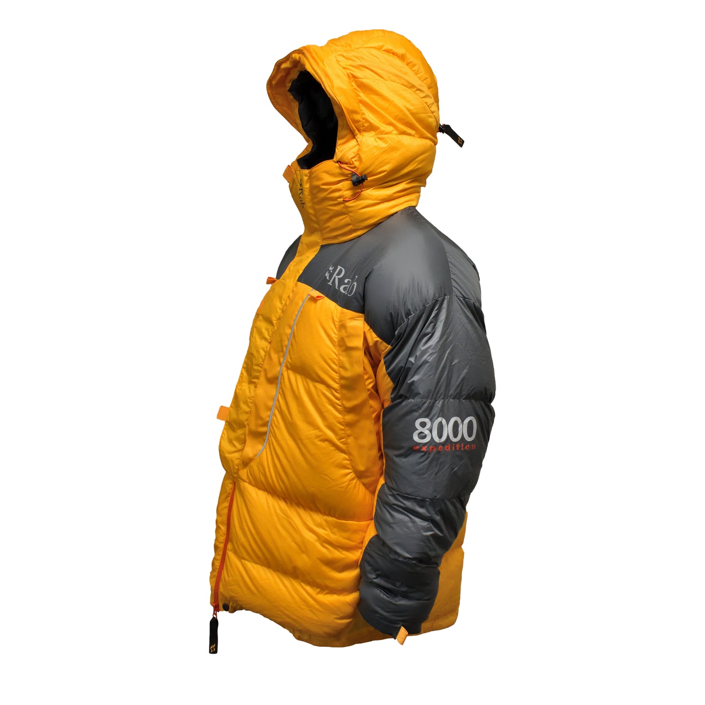 Angled front left view of RAB Expedition 8000 Jacket in Gold and Grey colors.