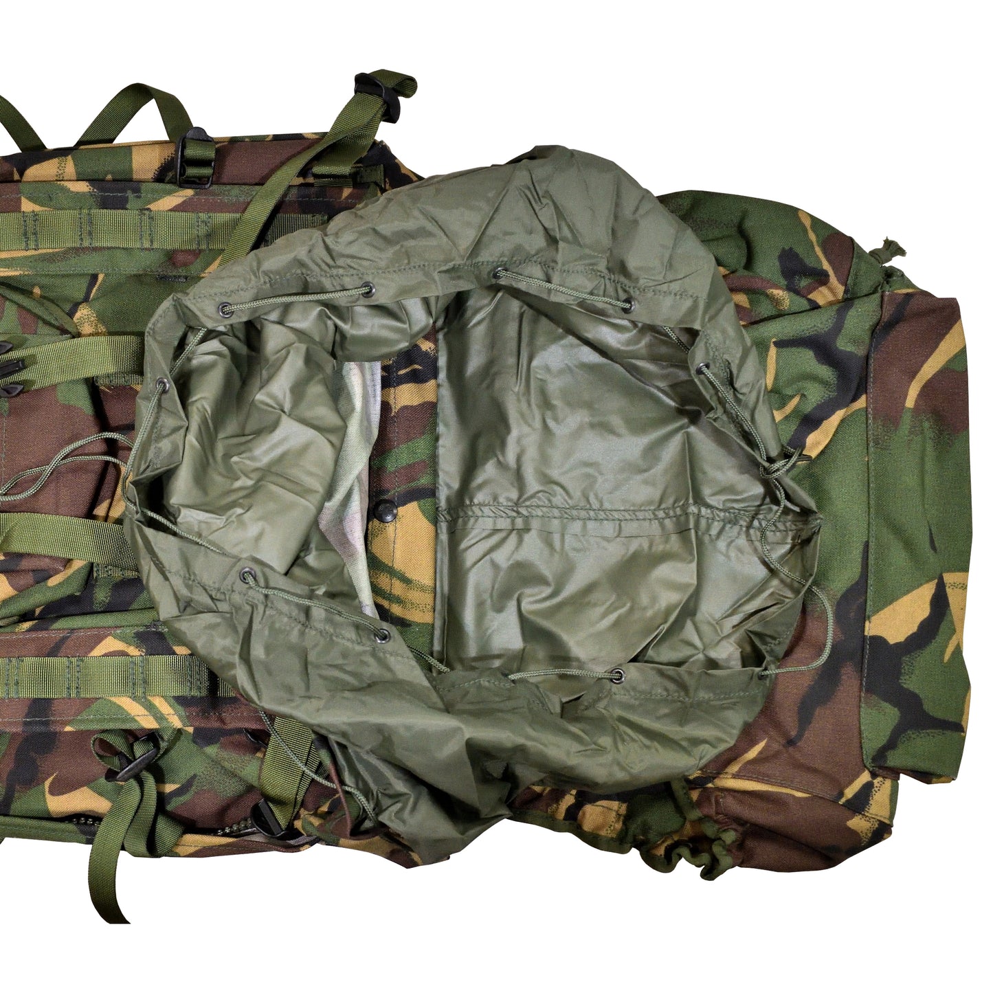 Detailed shot of top opening on British Army Short Convoluted Rucksack and Frame in DPM IRR camouflage.