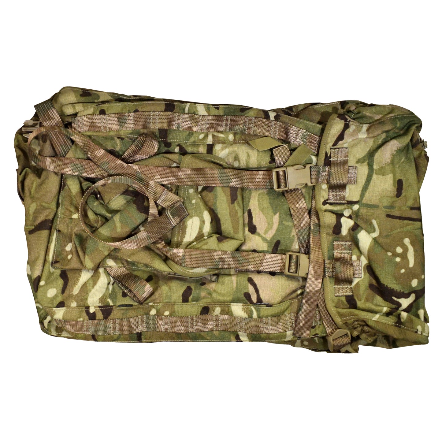 Rear view of British Army Short Convoluted Rucksack with frame in Multi-Terrain Pattern IRR camouflage.