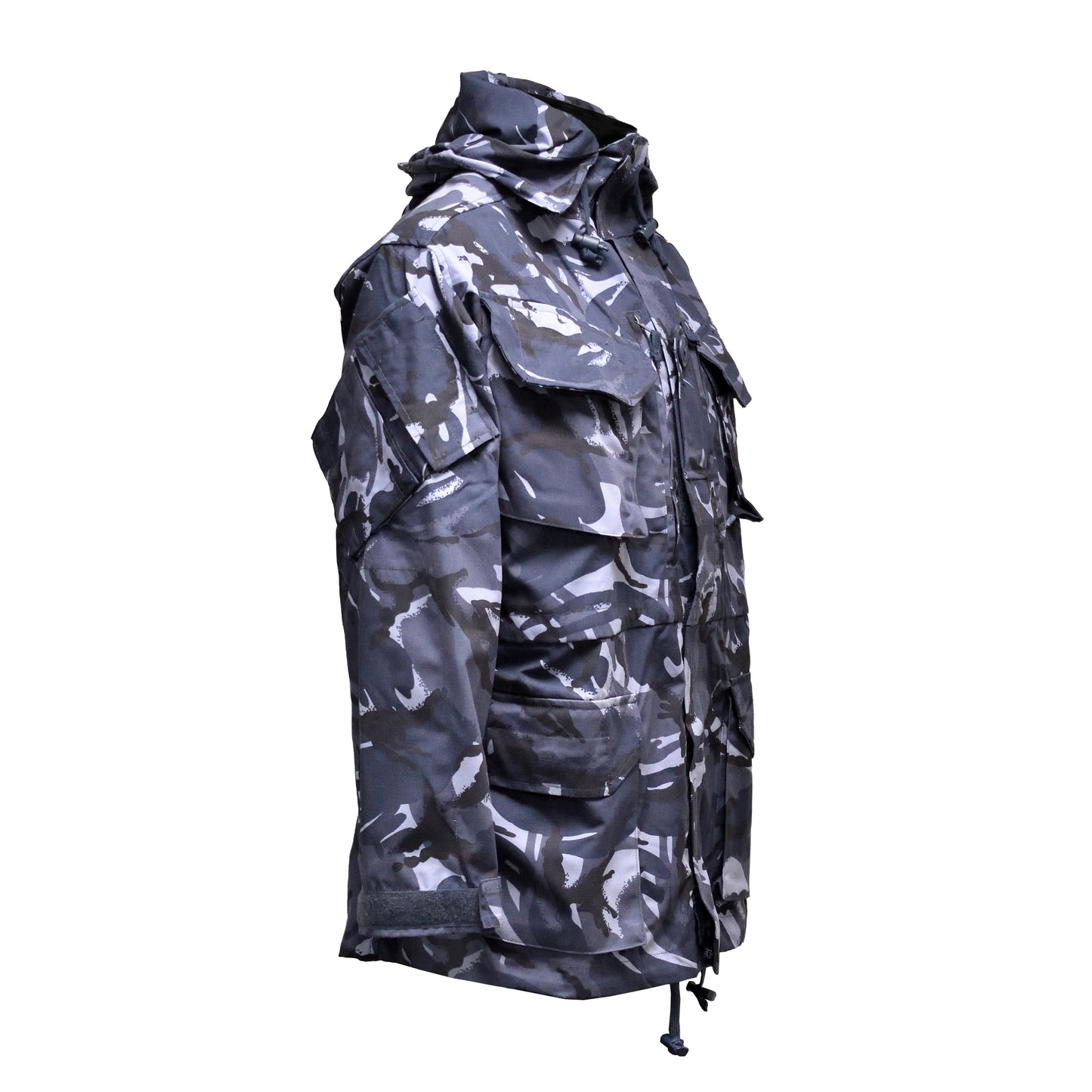 Right-angled front view of British Army Windproof Combat Smock Blue Camo with zip and fasteners visible.