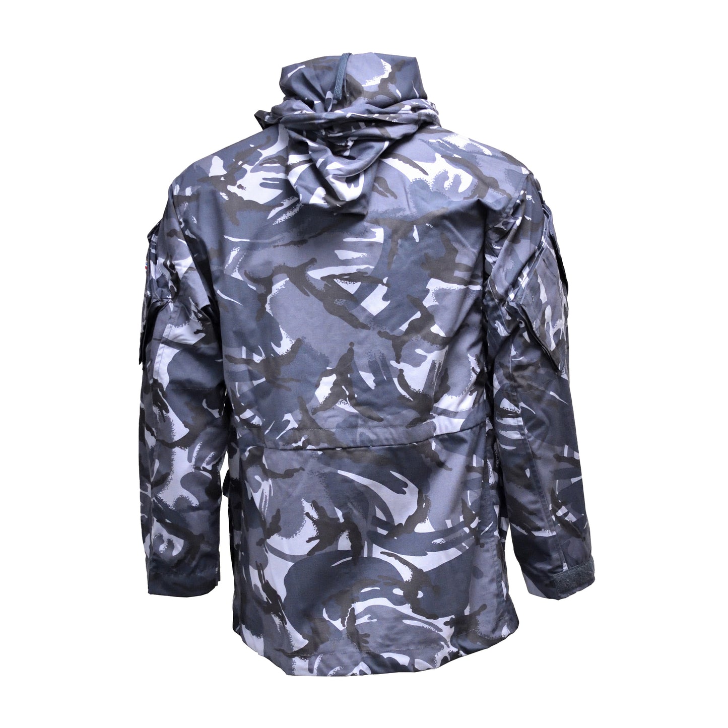 Rear view of British Army Windproof Combat Smock Blue Camo showing fitted cut and length.