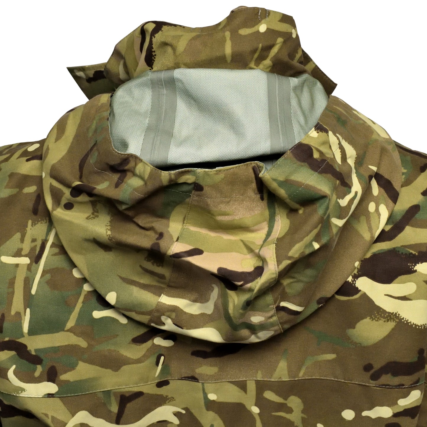 Detail shot of rear hood on British Army Petroleum Protective MVP Smock MTP IRR.