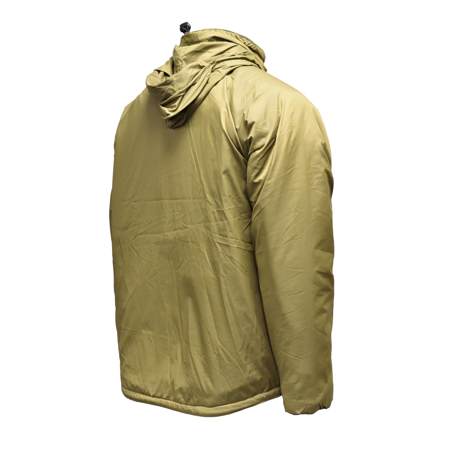 Right-angled rear shot of British Army Thermal Jacket with Integral Stuff Bag in PCS Olive, compact and insulated.